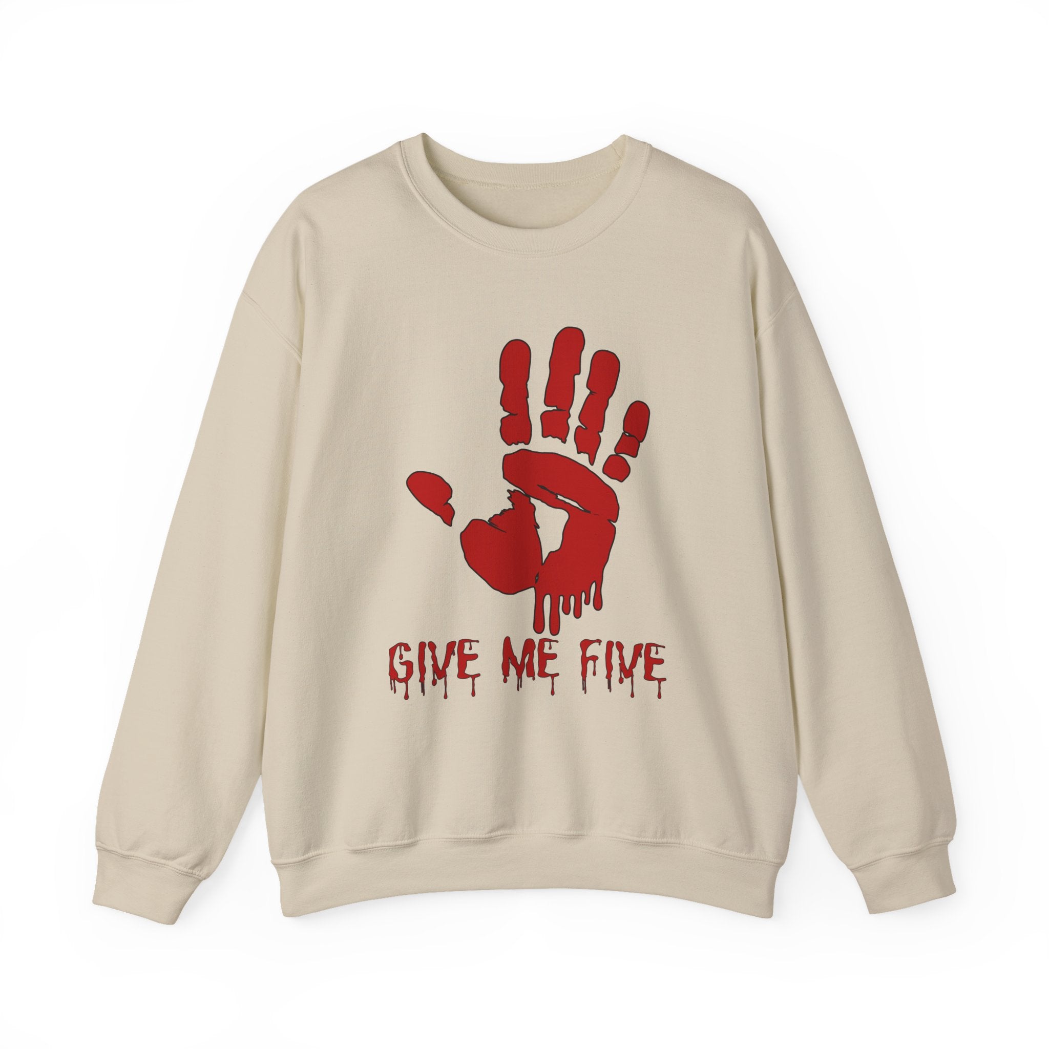 Beige sweatshirt with red hand print and 'Give Me Five' text on a white background