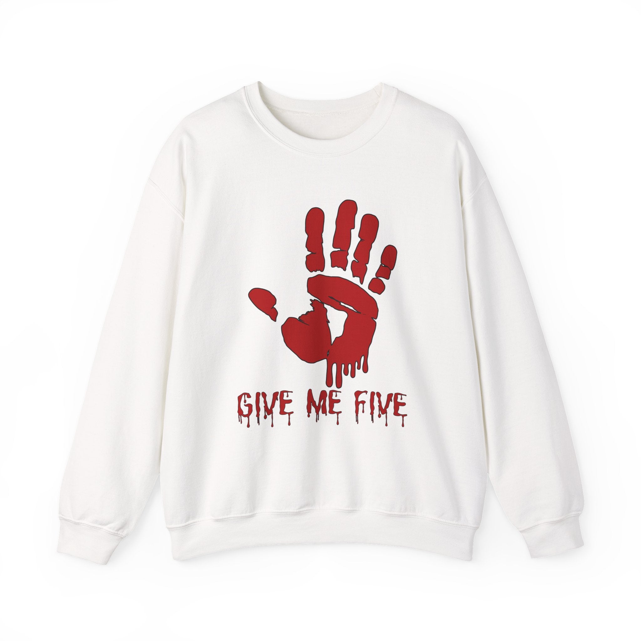 White sweatshirt with red hand print and 'Give Me Five' text on a white background