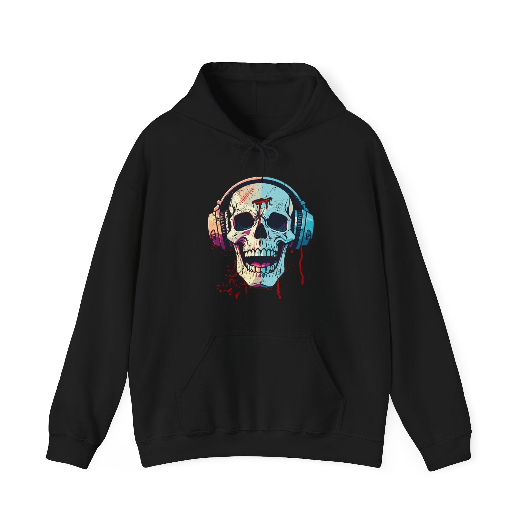 Black hoodie with a colorful skull and headphones design on a white background