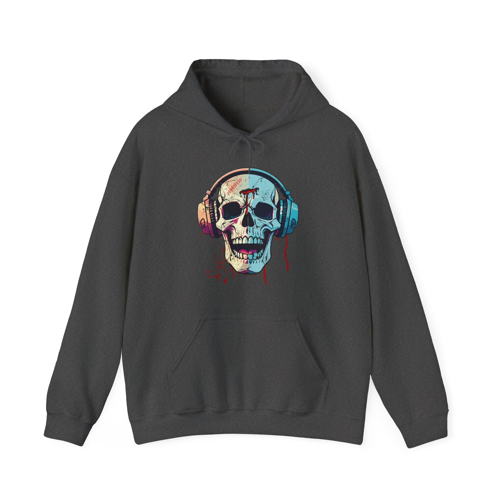 Gray hoodie with a colorful skull and headphones design on a white background