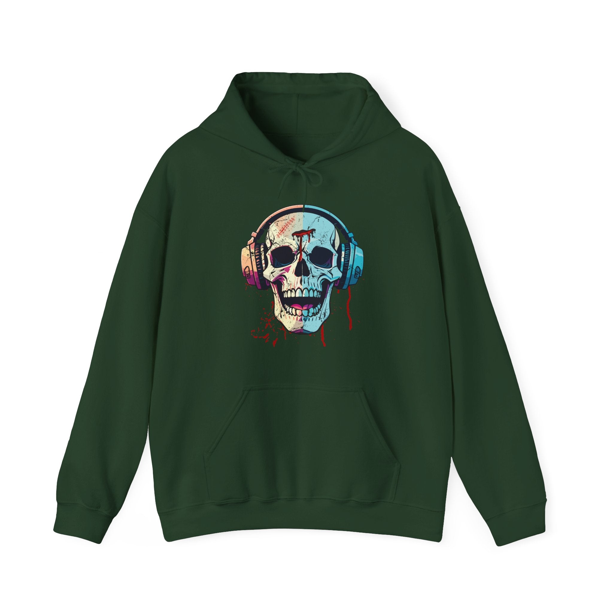 Forest green hoodie with a colorful skull design on a white background