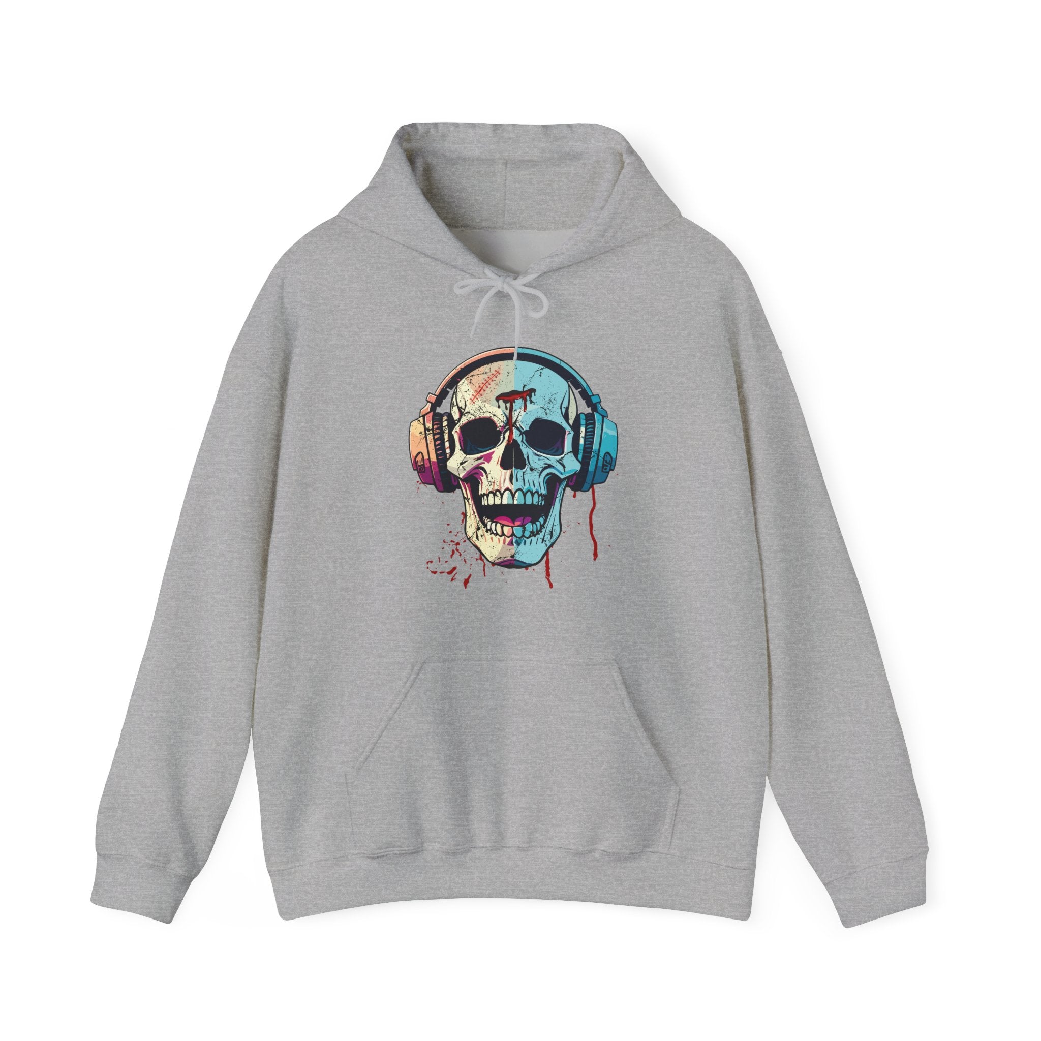 Gray hoodie with a colorful skull and headphones design on a white background
