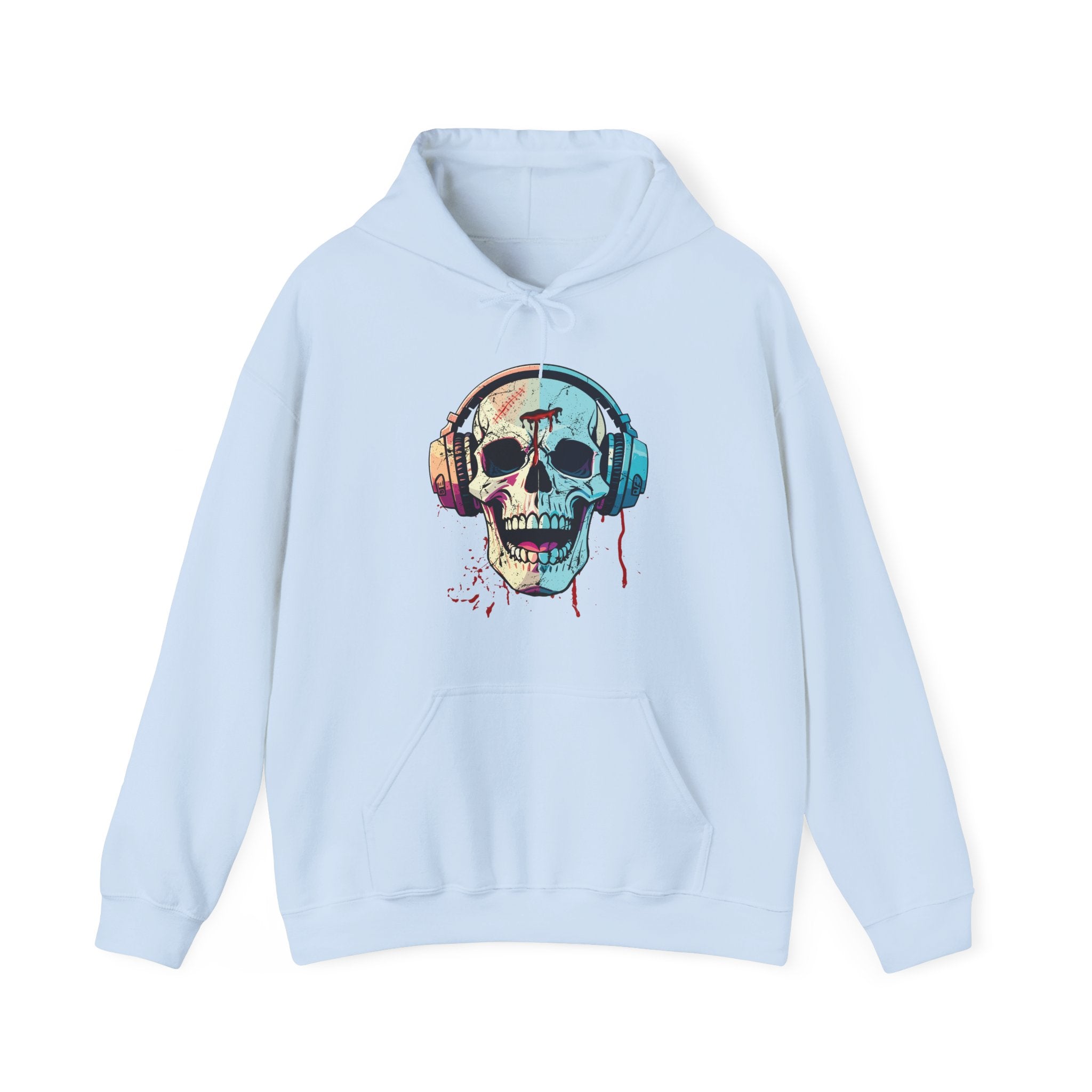 Light blue hoodie with a colorful skull and headphones design on a white background
