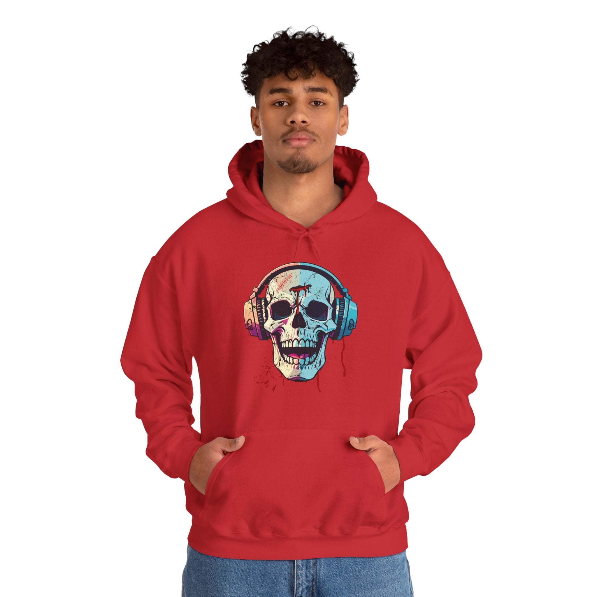 Person wearing a red hoodie with a colorful skull design and headphones on a white background