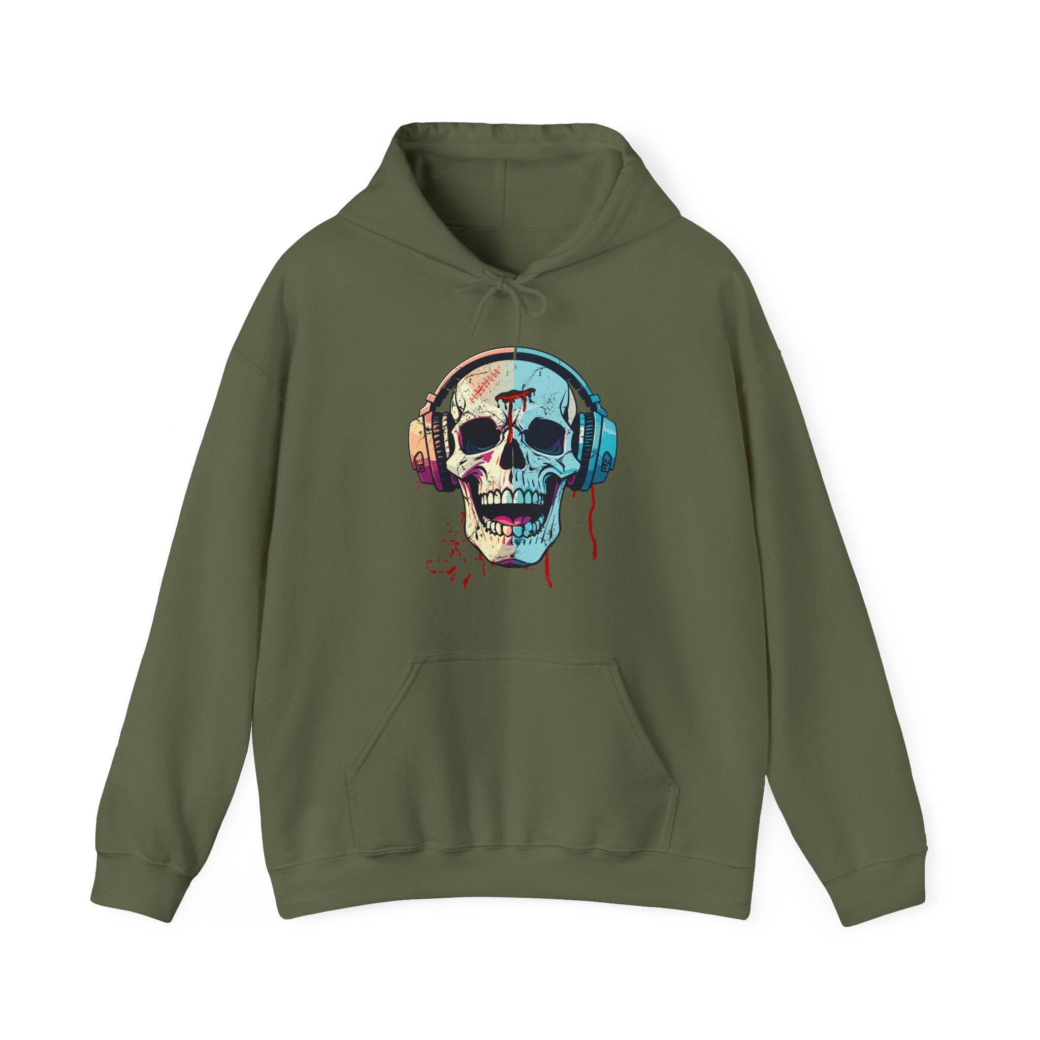 Military green hoodie with a colorful skull and headphones design on a white background