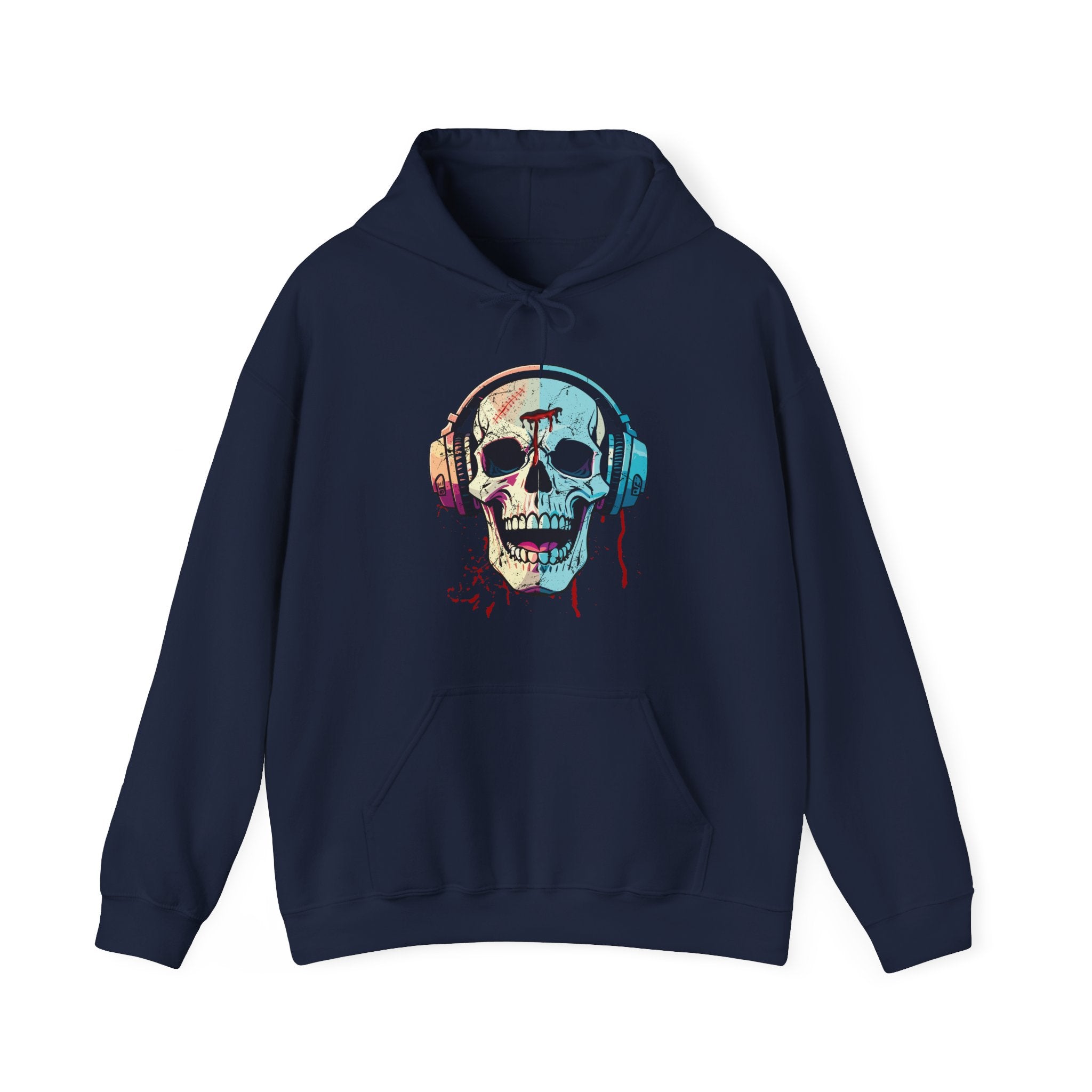 Navy blue hoodie with a colorful skull and headphones design on a white background