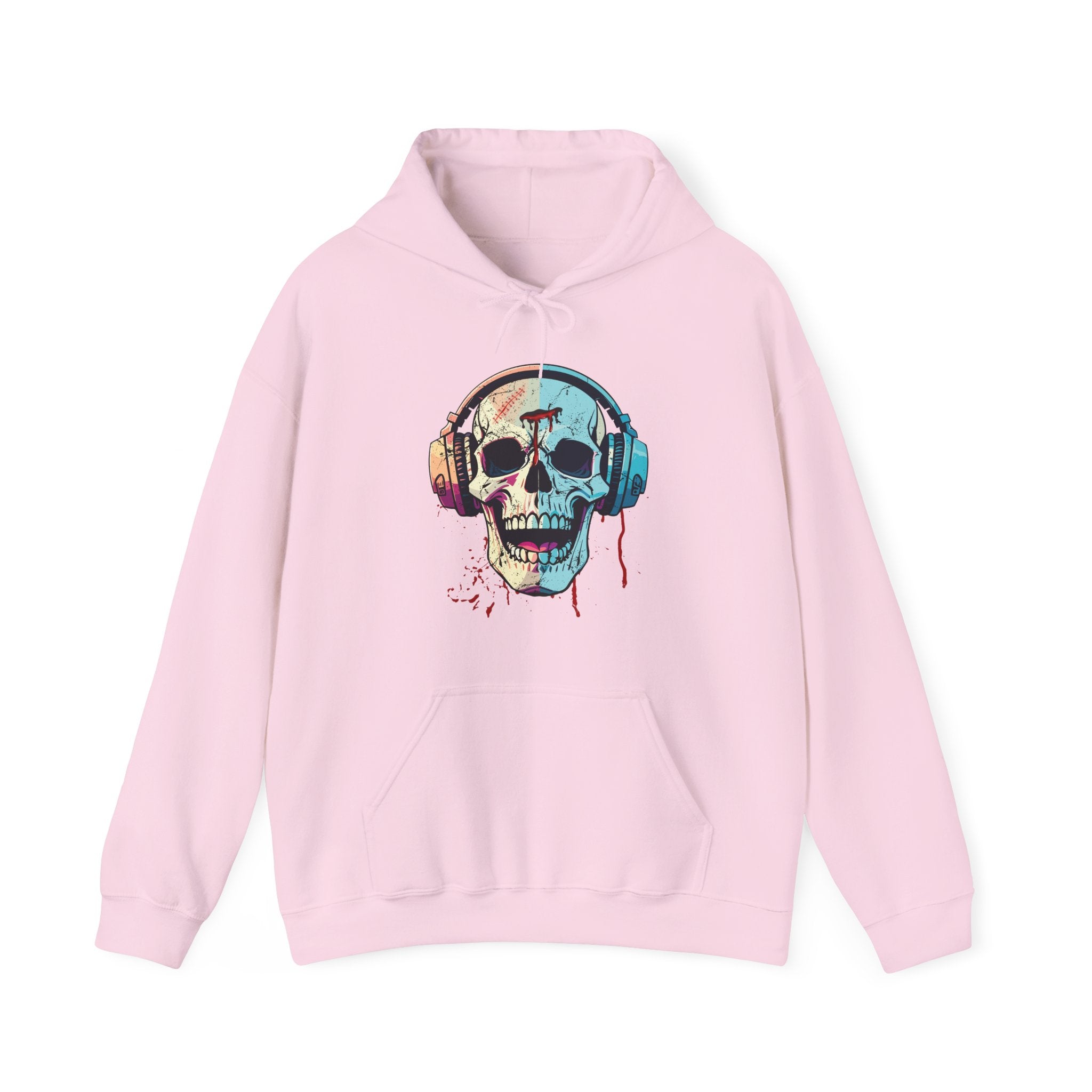 Pink hoodie with a colorful skull and headphones graphic on a white background