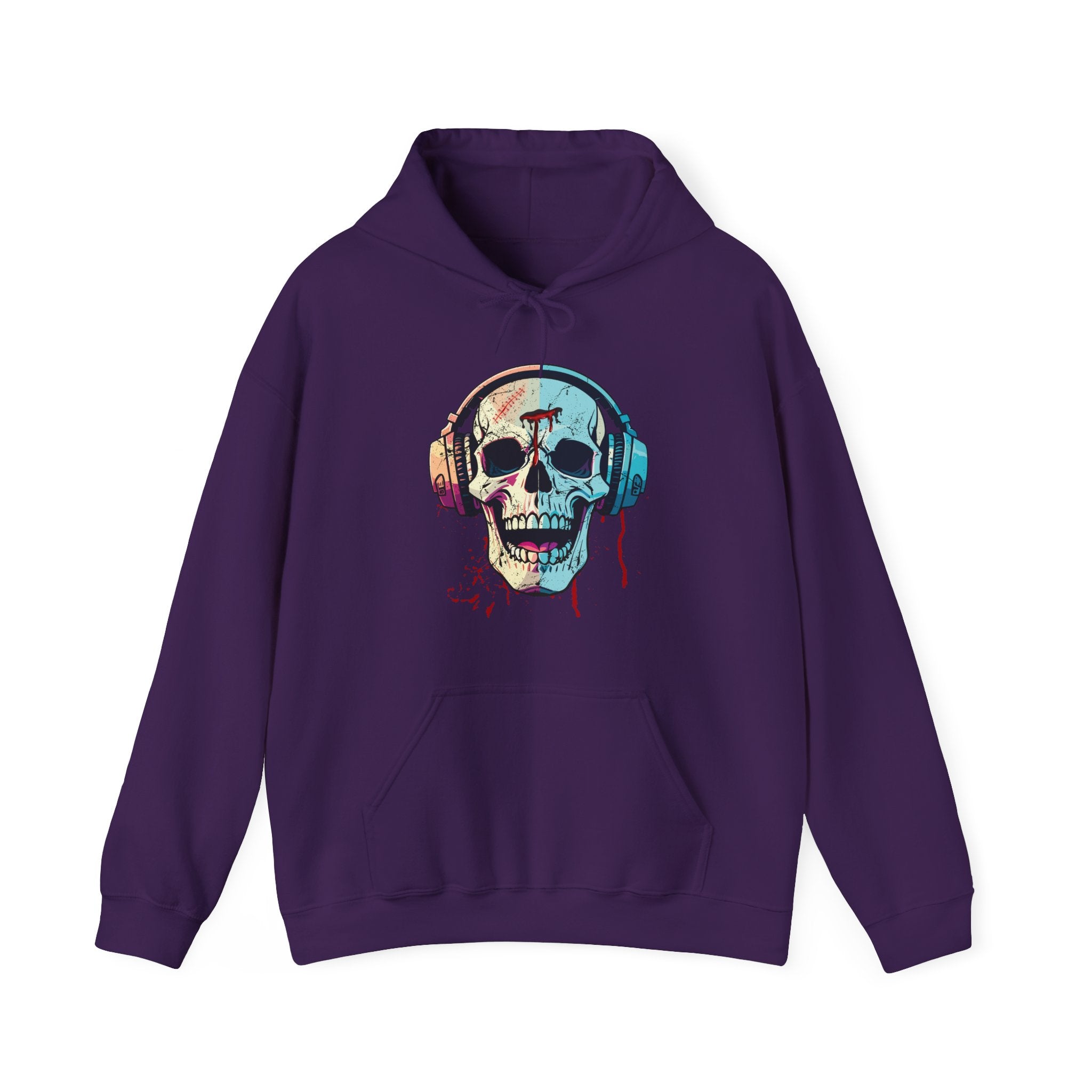 Purple hoodie with a colorful skull design wearing headphones on a white background