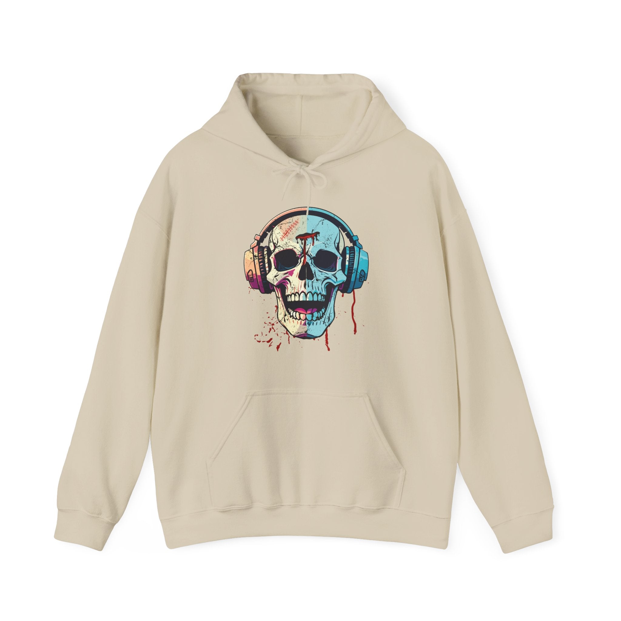 Beige hoodie with a colorful skull and headphones design on a white background