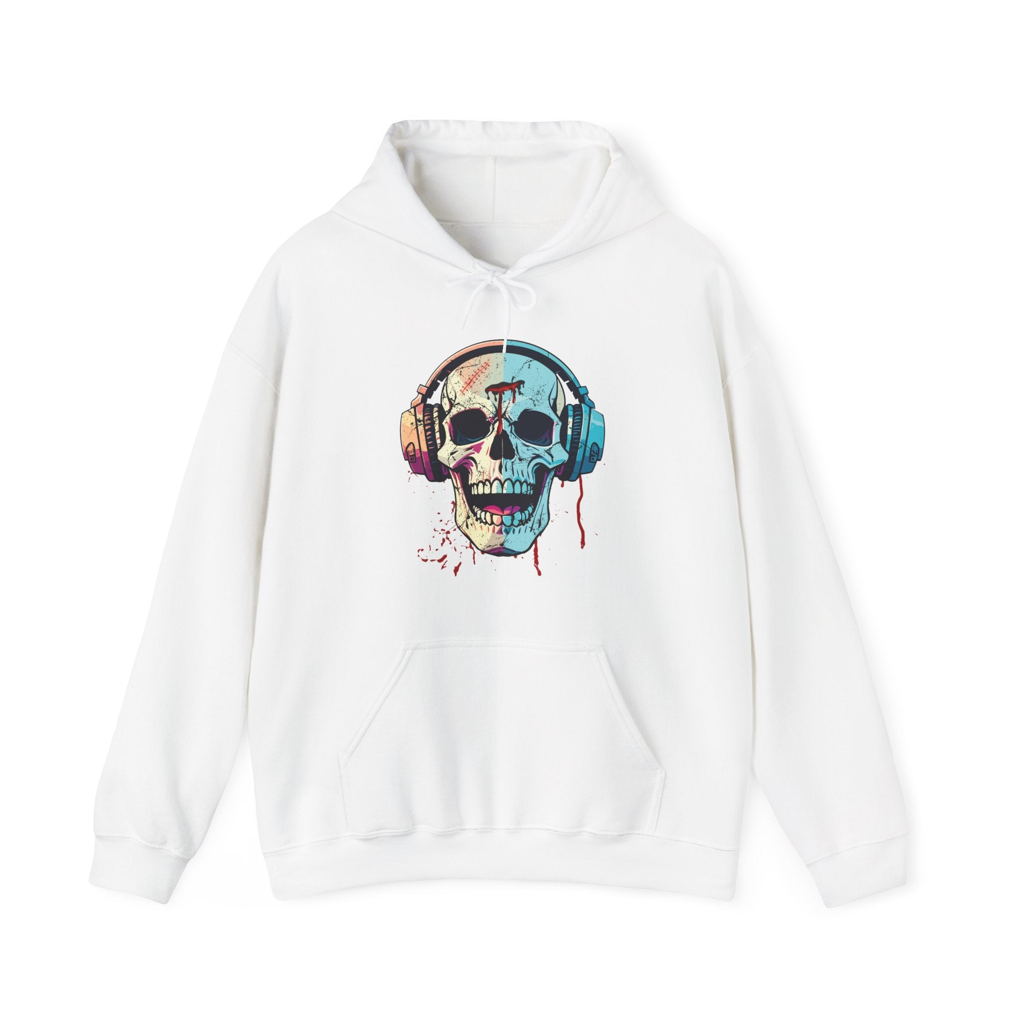 White hoodie with a colorful skull and headphones graphic on a white background