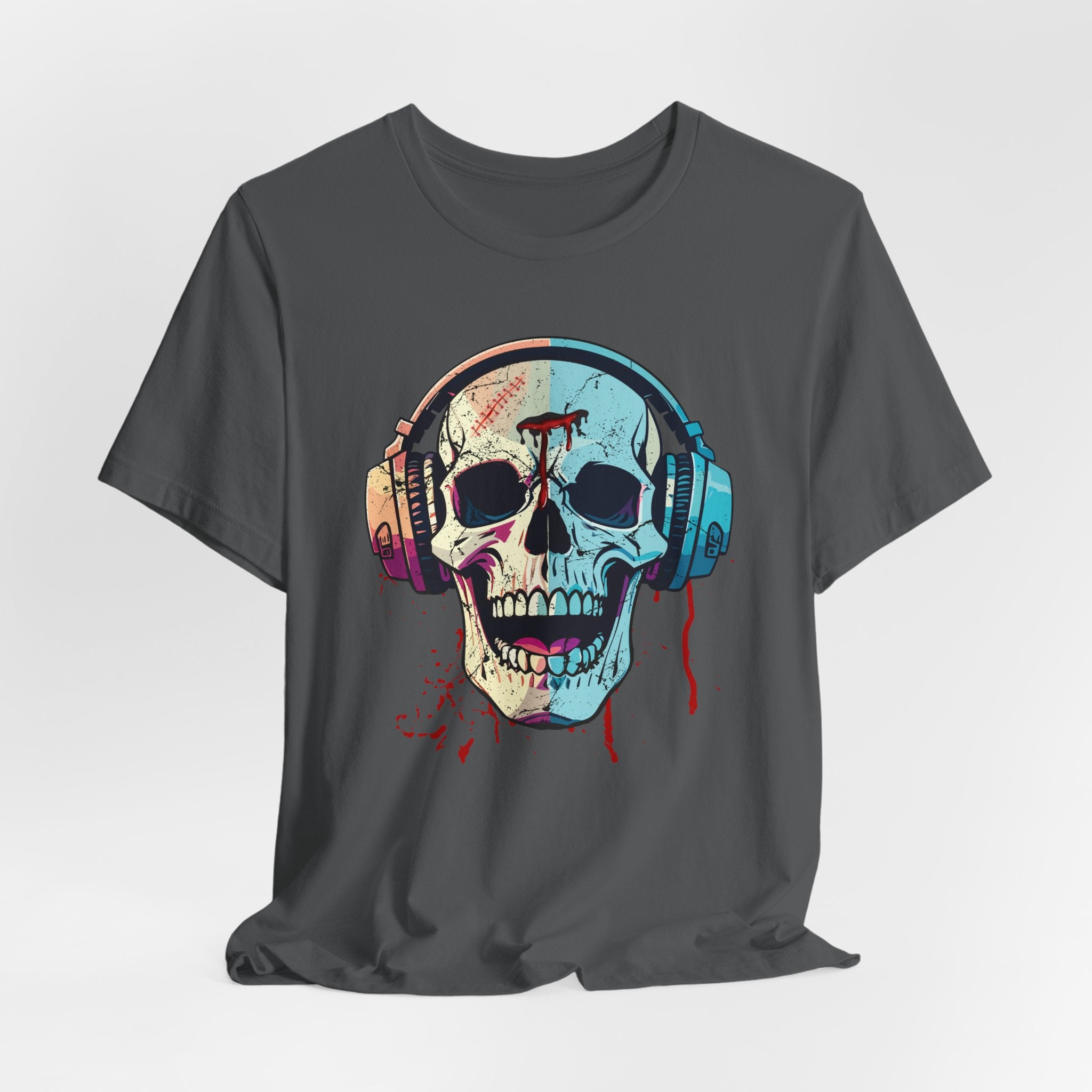 Asphalt gray t-shirt with a colorful skull and headphones design on a white background