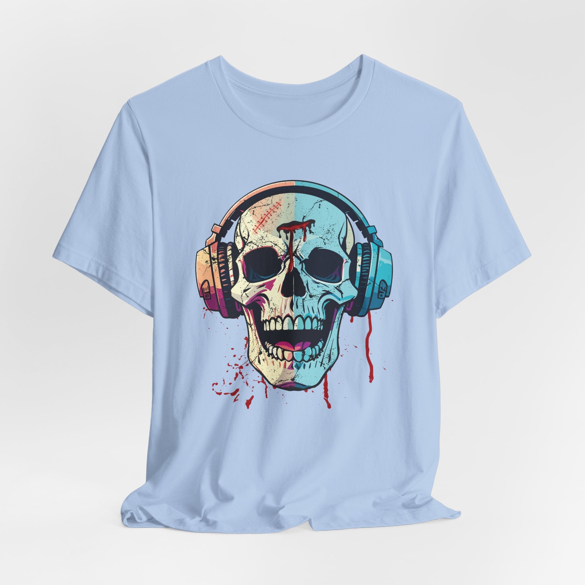 Light blue t-shirt with a colorful skull and headphones graphic on a light gray background
