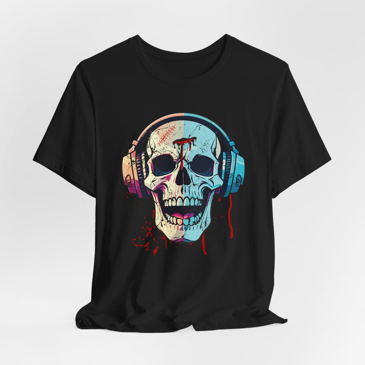Black t-shirt with a colorful skull design wearing headphones on a white background