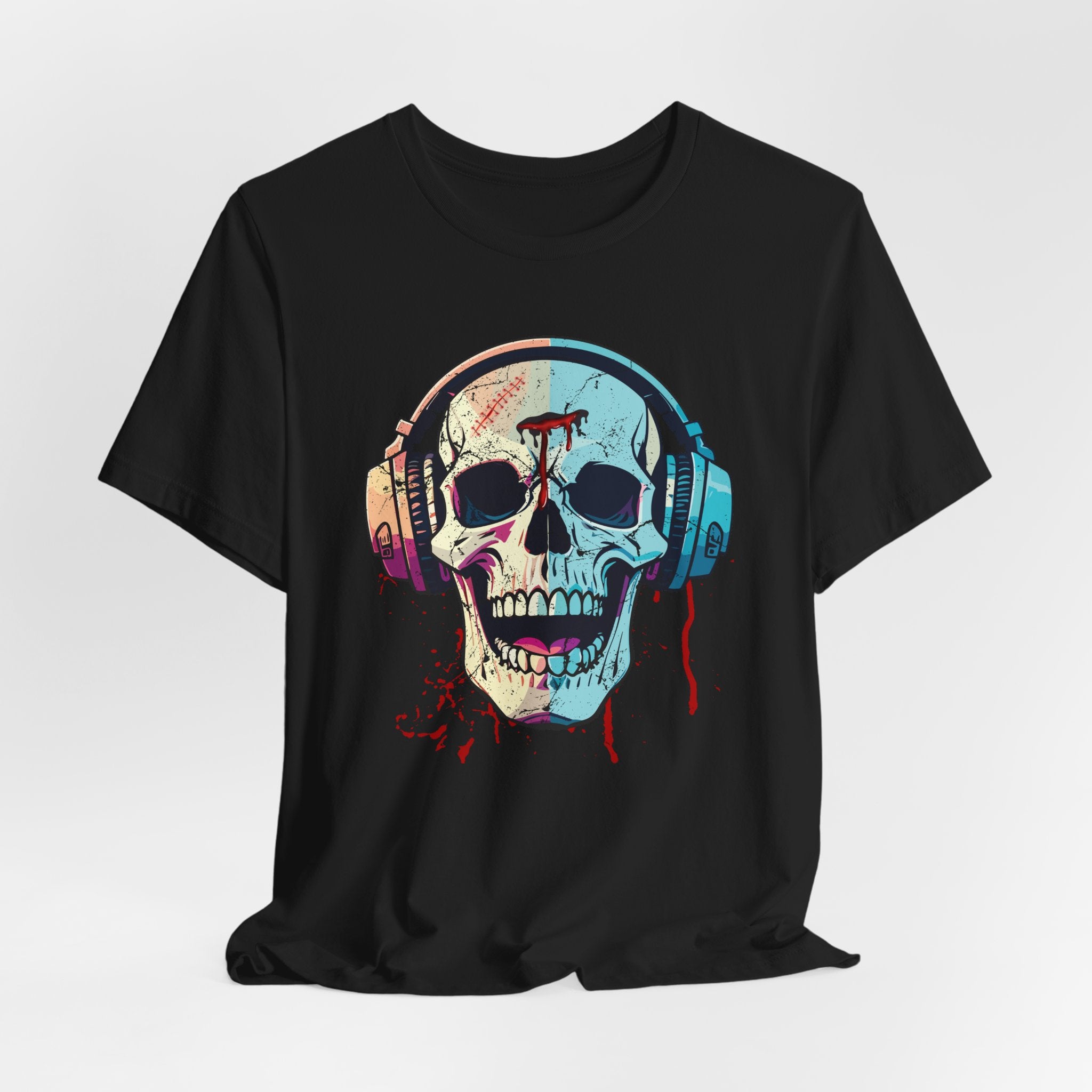 Black t-shirt with a colorful skull design wearing headphones on a white background