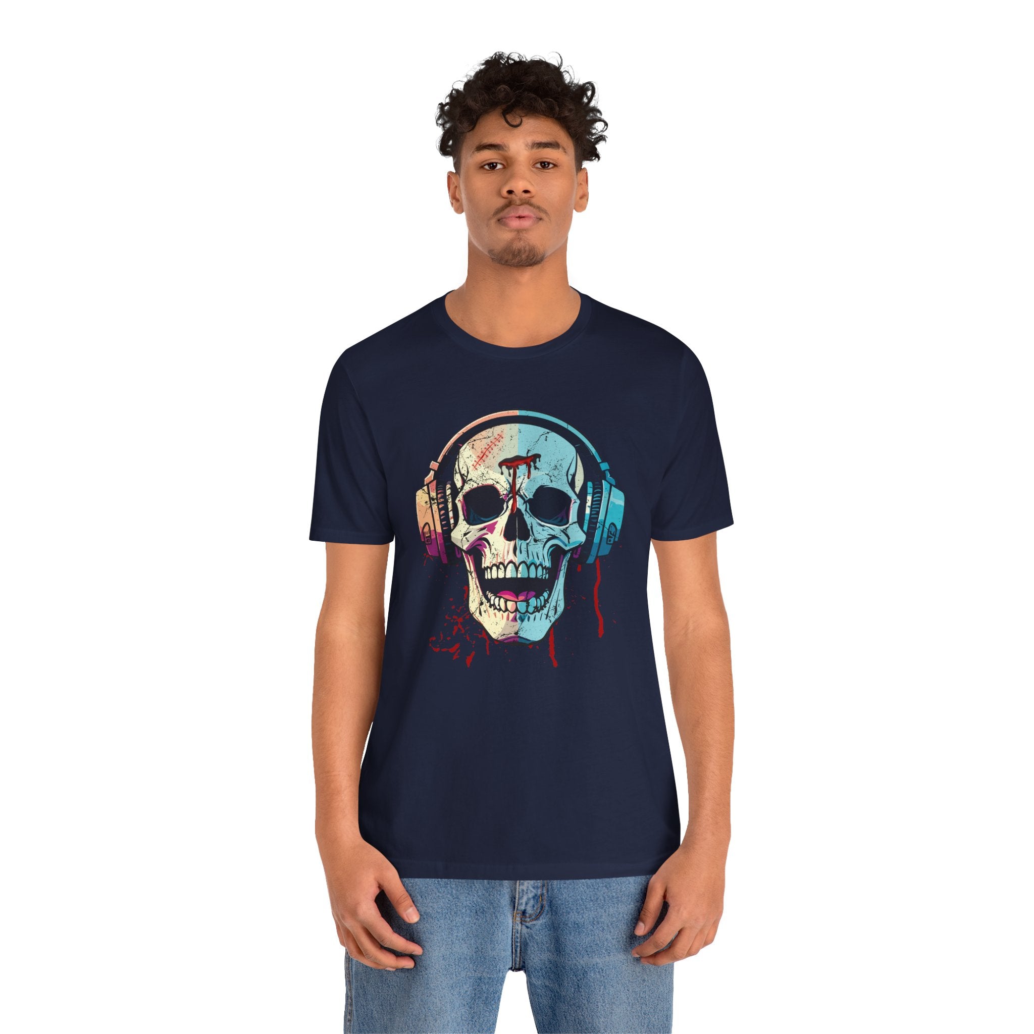 Person wearing a navy blue t-shirt with a colorful skull design on a white background