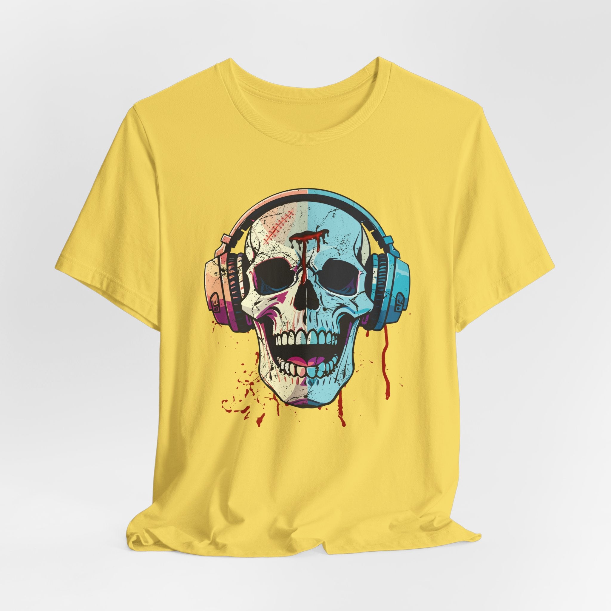 Maze yellow t-shirt with a colorful skull and headphones graphic on a white background