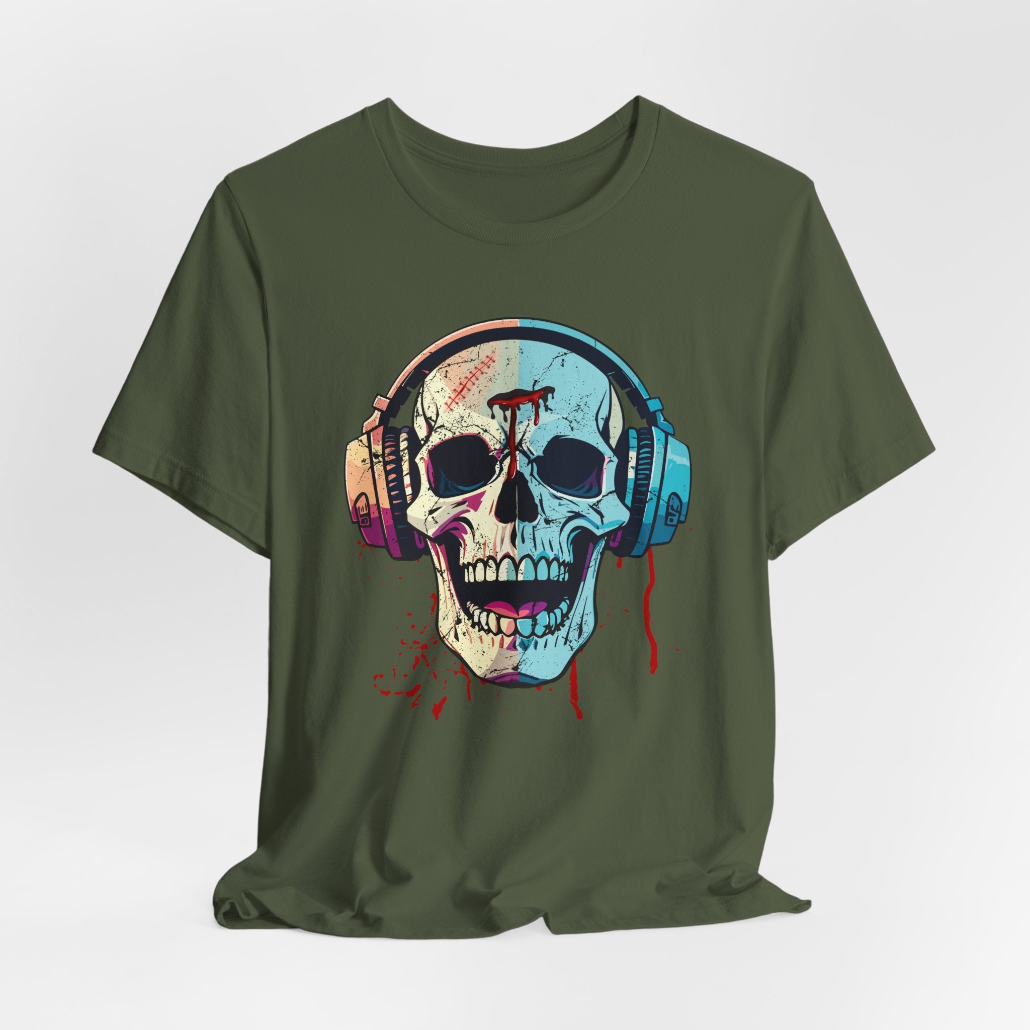 Military green t-shirt with a colorful skull and headphones design on a white background