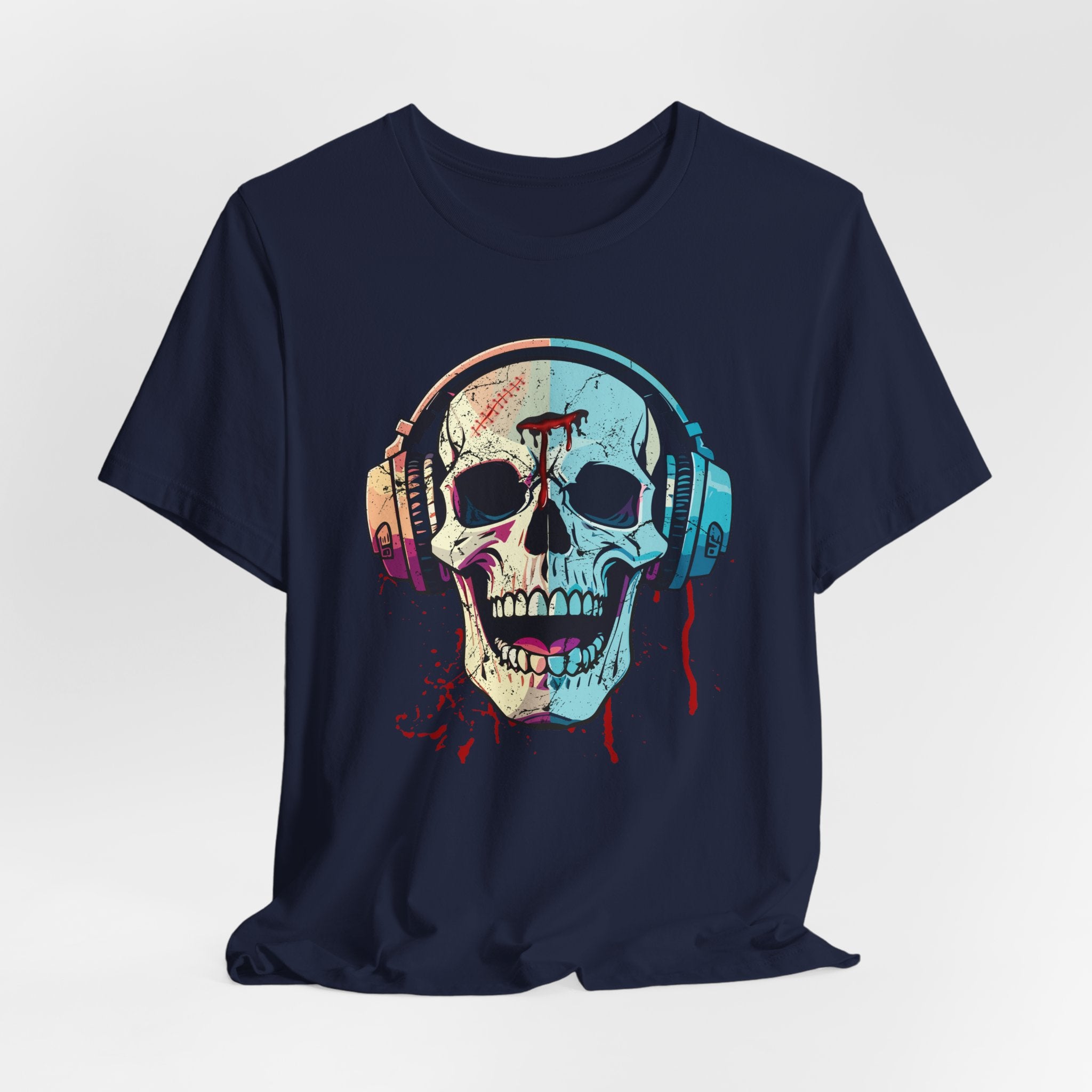 Navy blue t-shirt with a colorful skull and headphones design on a light gray background