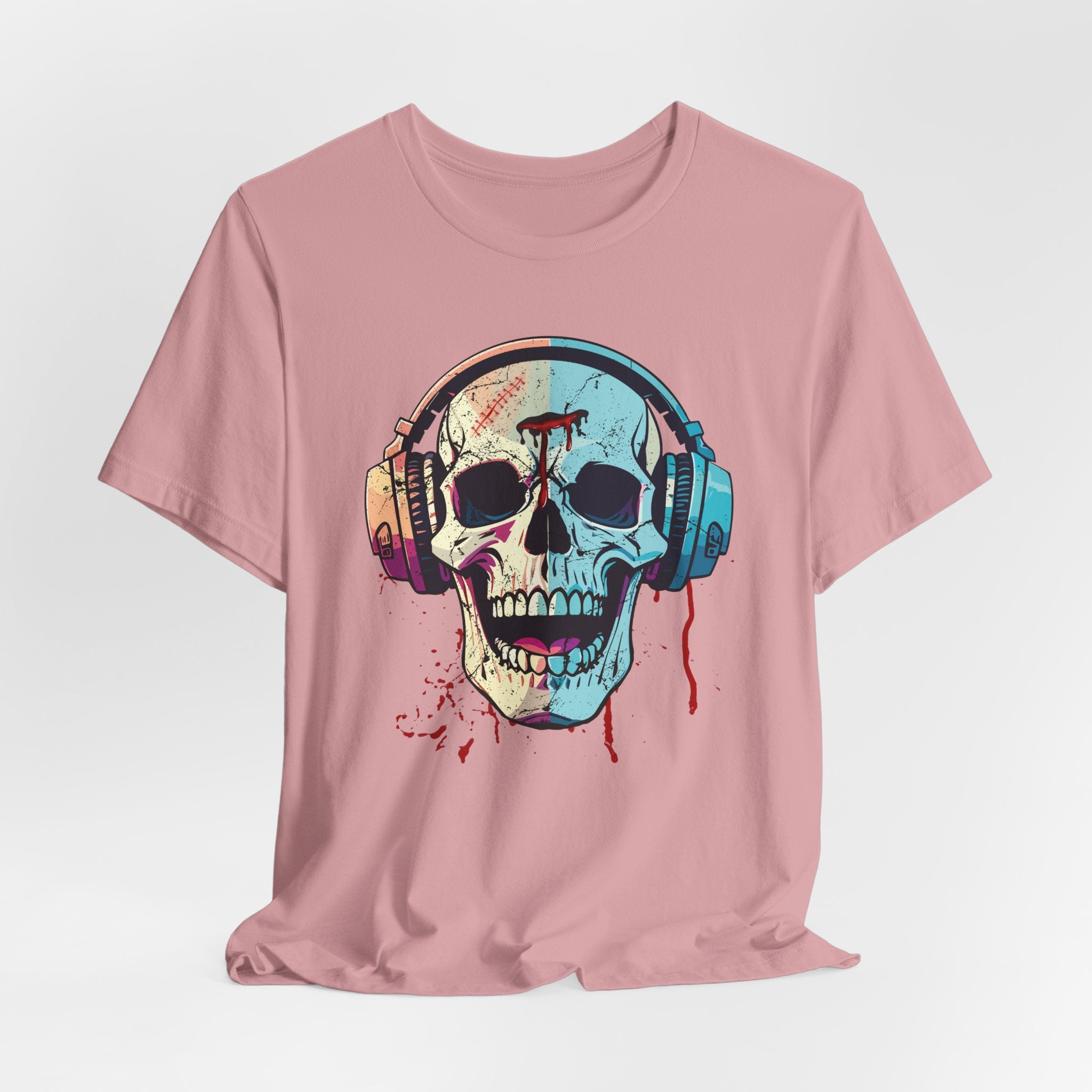 Orchid pink t-shirt with a colorful skull and headphones graphic on a light gray background