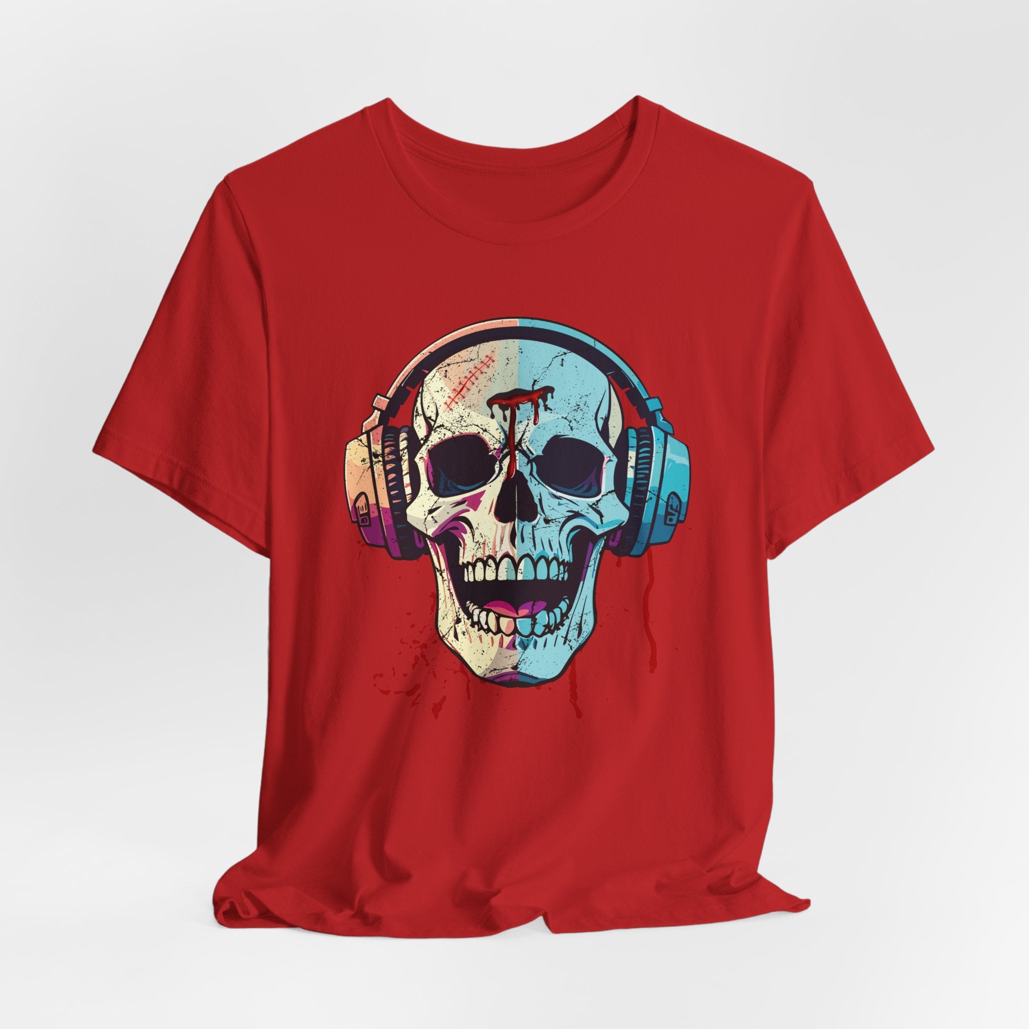 Red t-shirt with a colorful skull and headphones design on a white background