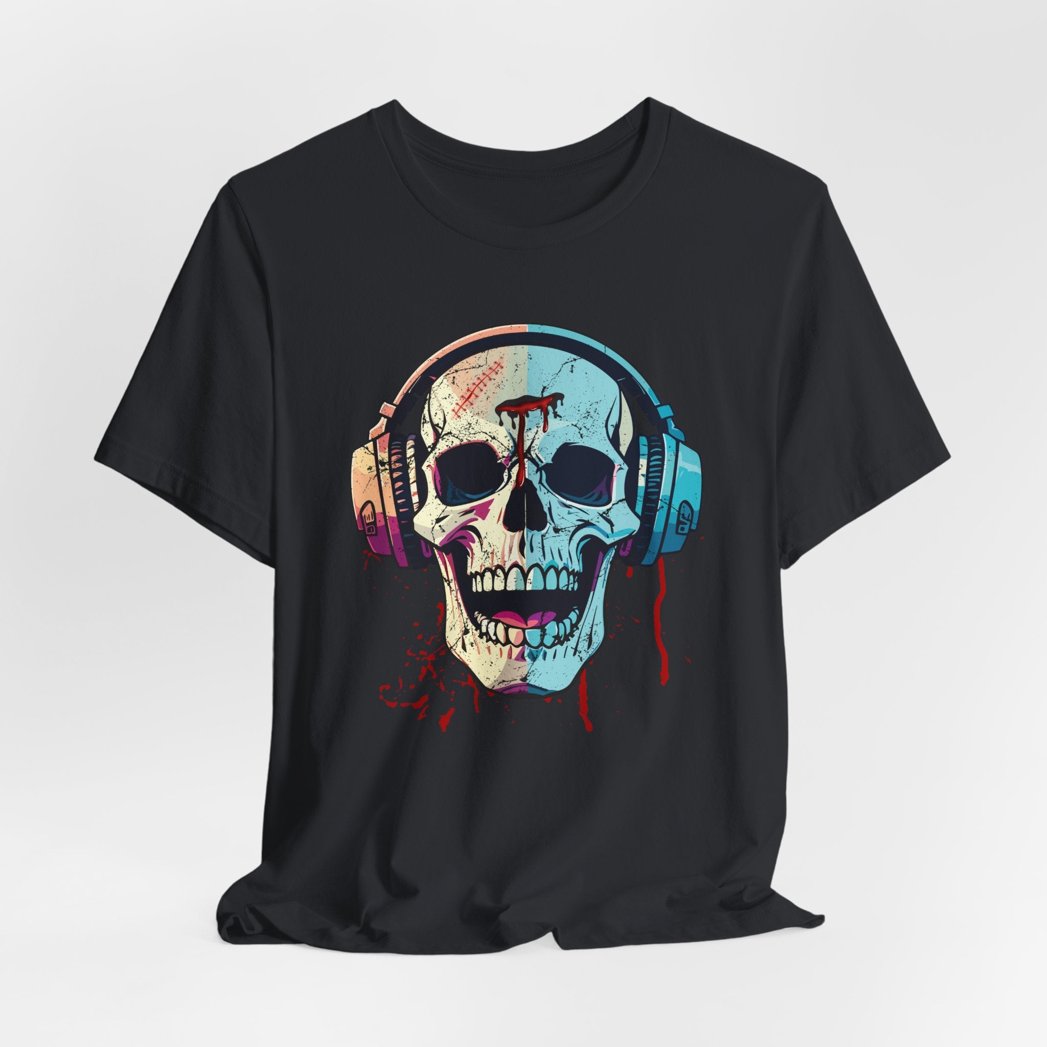Vintage black t-shirt with a colorful skull and headphones design on a white background