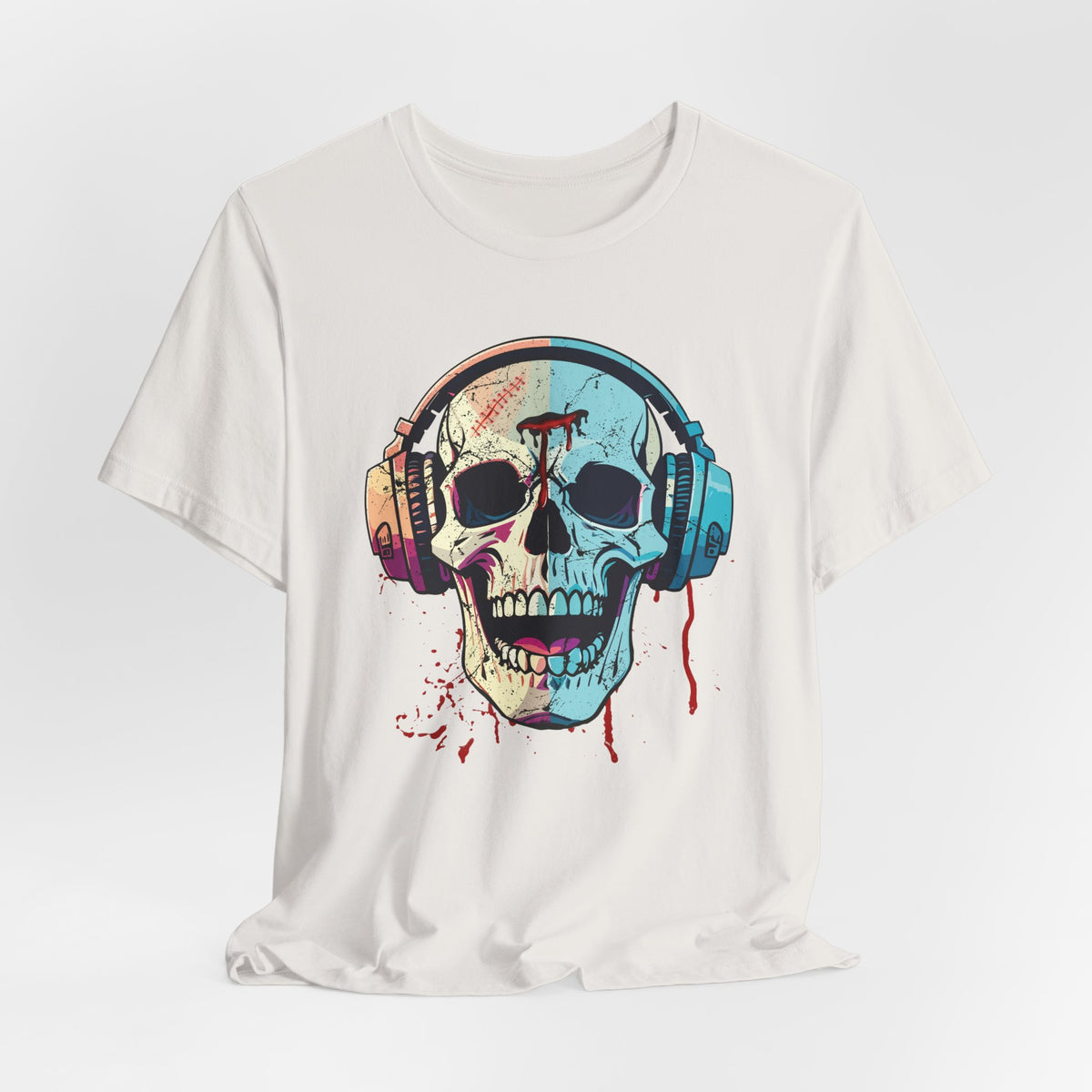 Vintage white t-shirt with a colorful skull design wearing headphones on a white background