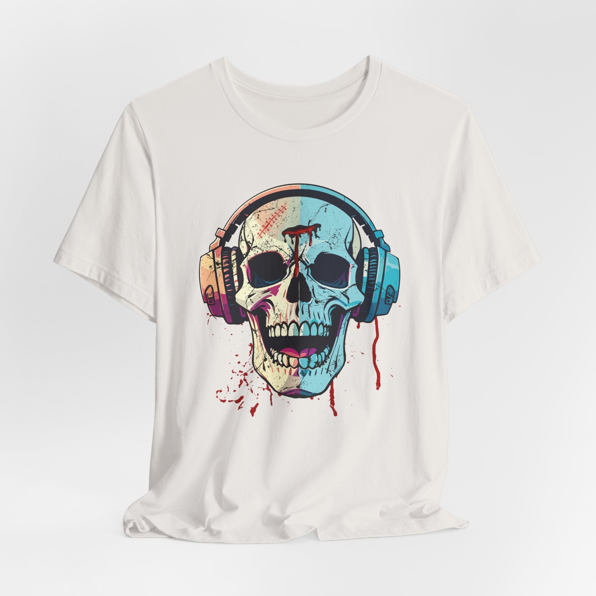 Vintage white t-shirt with a colorful skull design wearing headphones on a white background