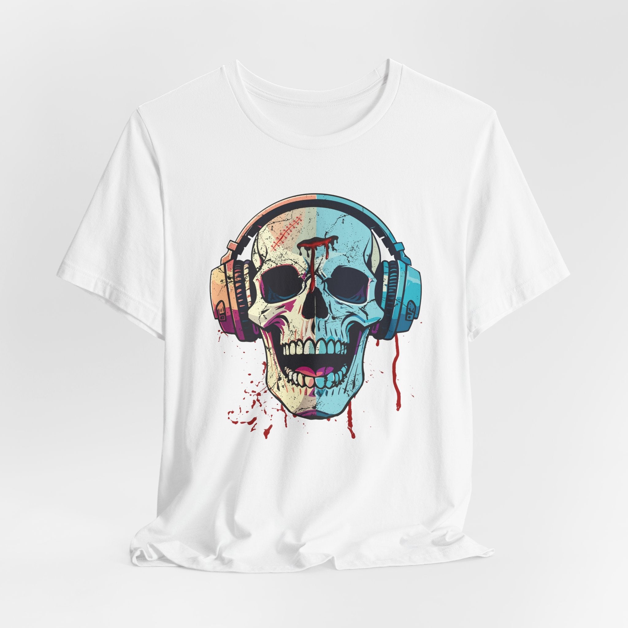 White t-shirt with a colorful skull and headphones graphic on a white background