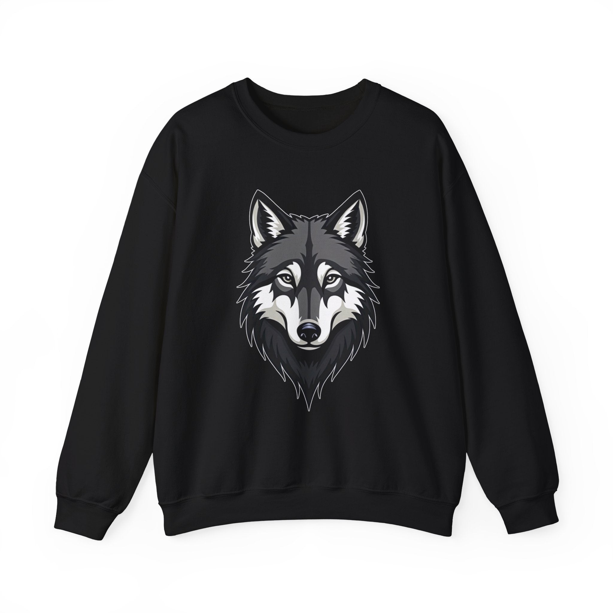 Black sweatshirt with a wolf graphic on a white background