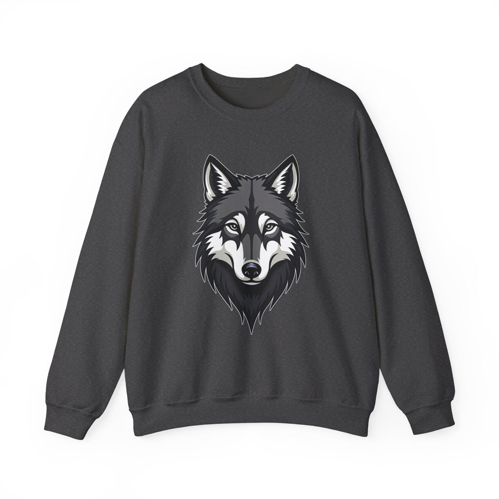 Dark heather gray sweatshirt with a wolf graphic on a white background