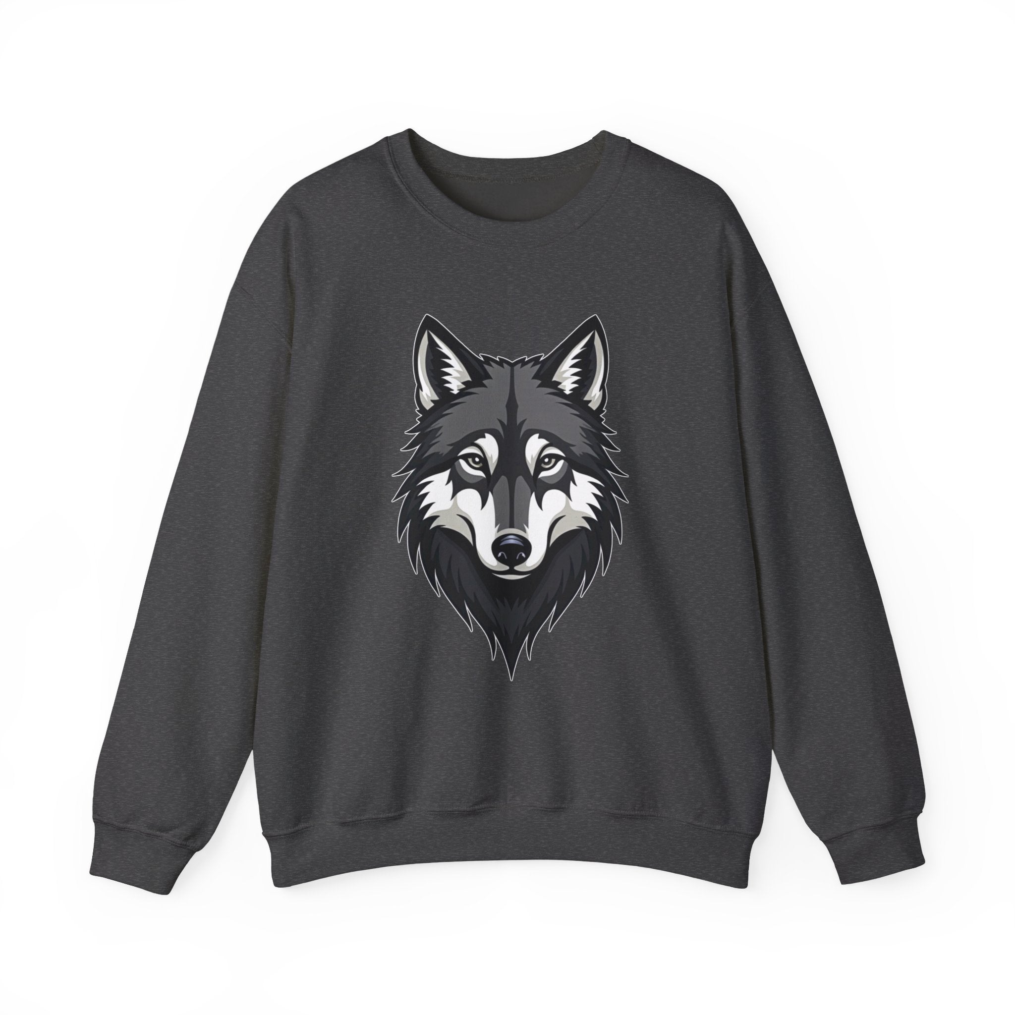 Dark heather gray sweatshirt with a wolf graphic on a white background