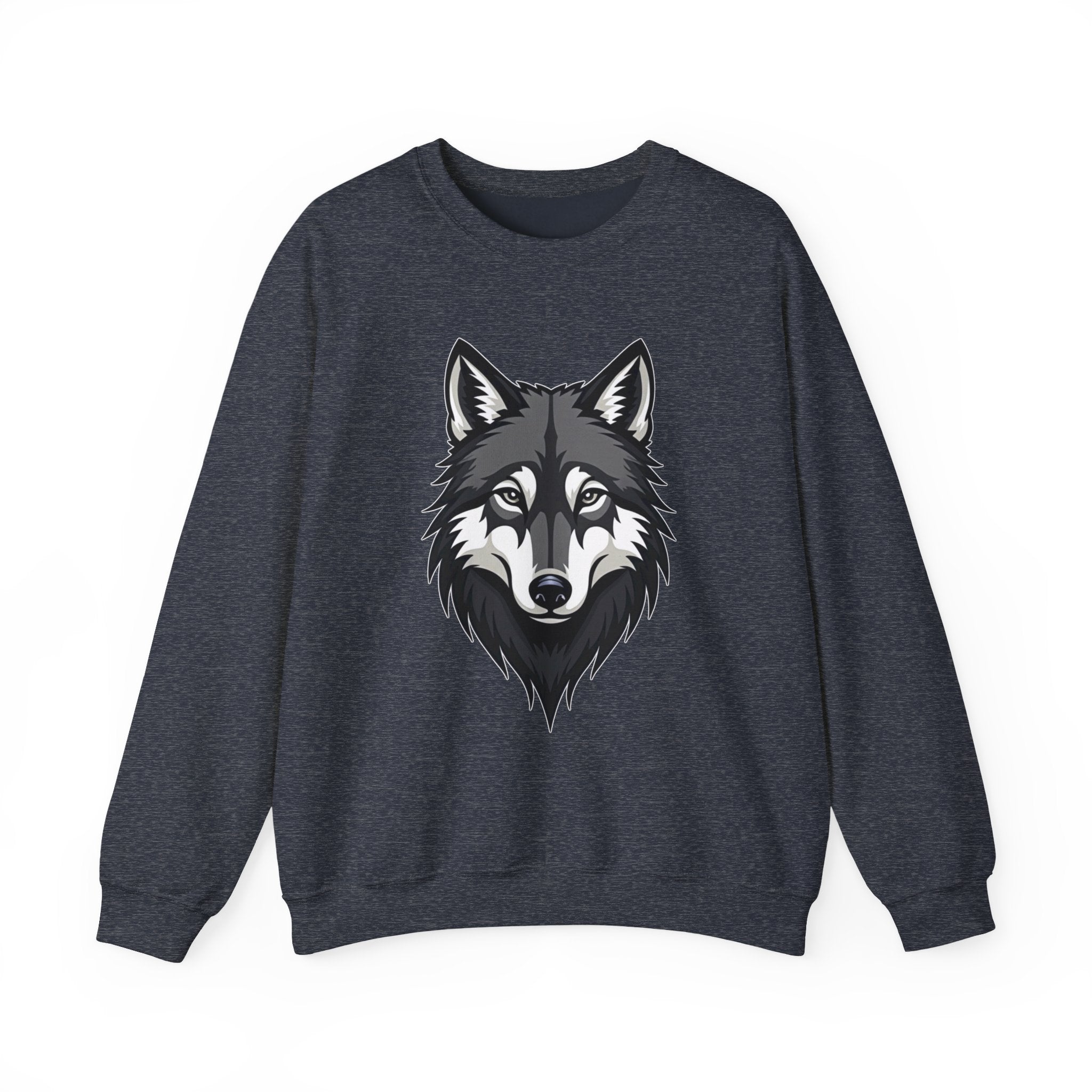 Heather sport dark navy sweatshirt with a wolf graphic on a white background