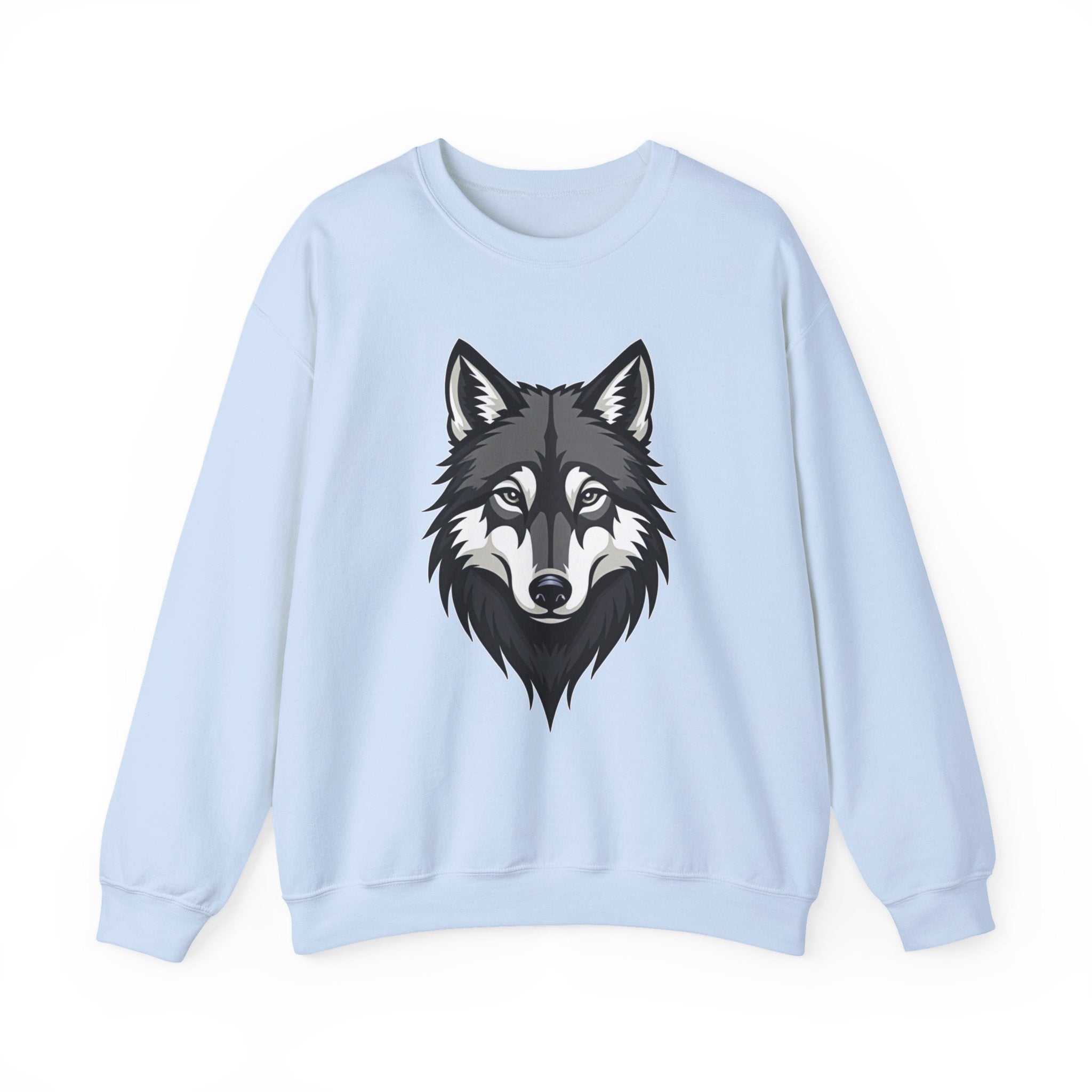 Light blue sweatshirt with a wolf graphic on a white background