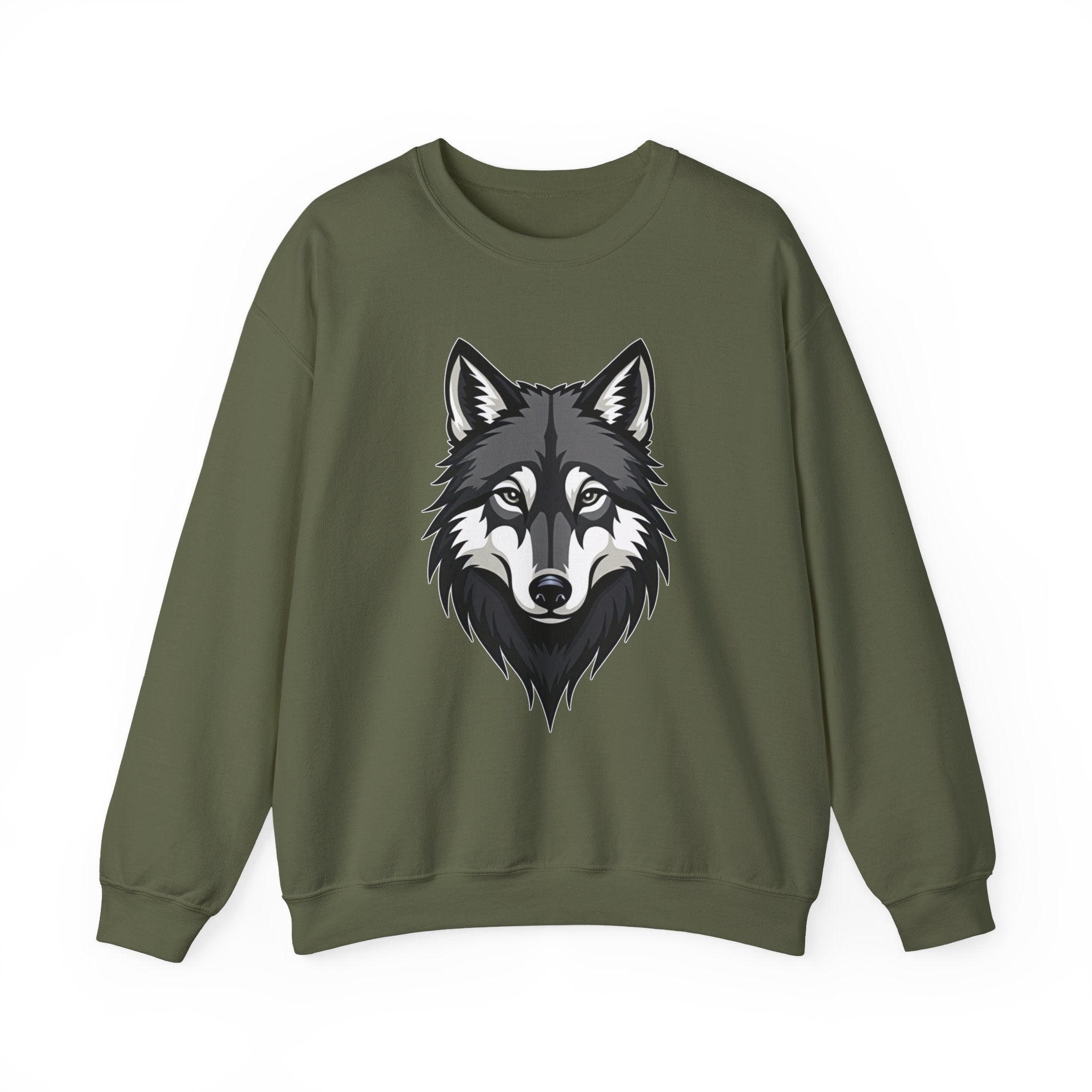 Military green sweatshirt with a wolf graphic on a white background