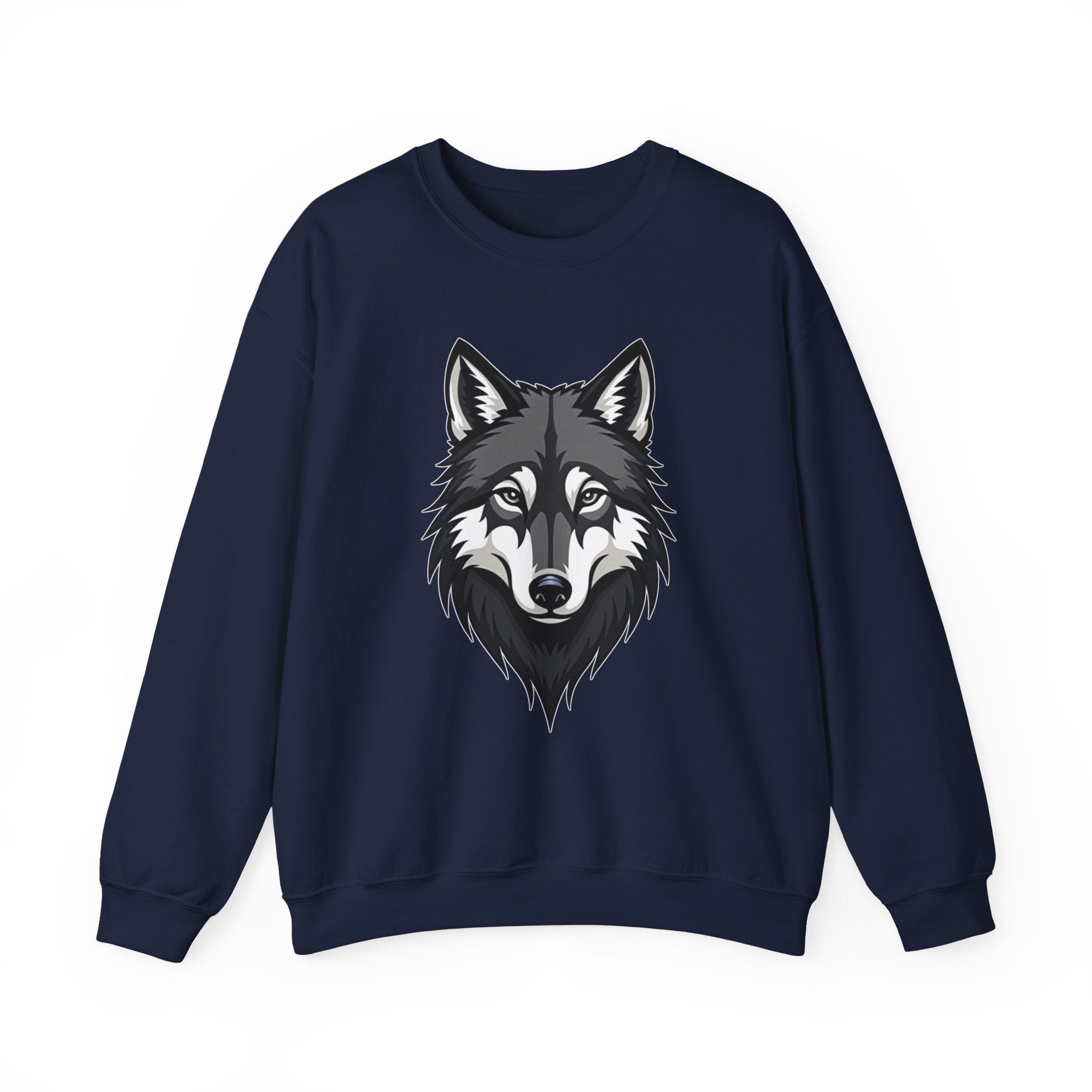 Navy blue sweatshirt with a wolf graphic on a white background