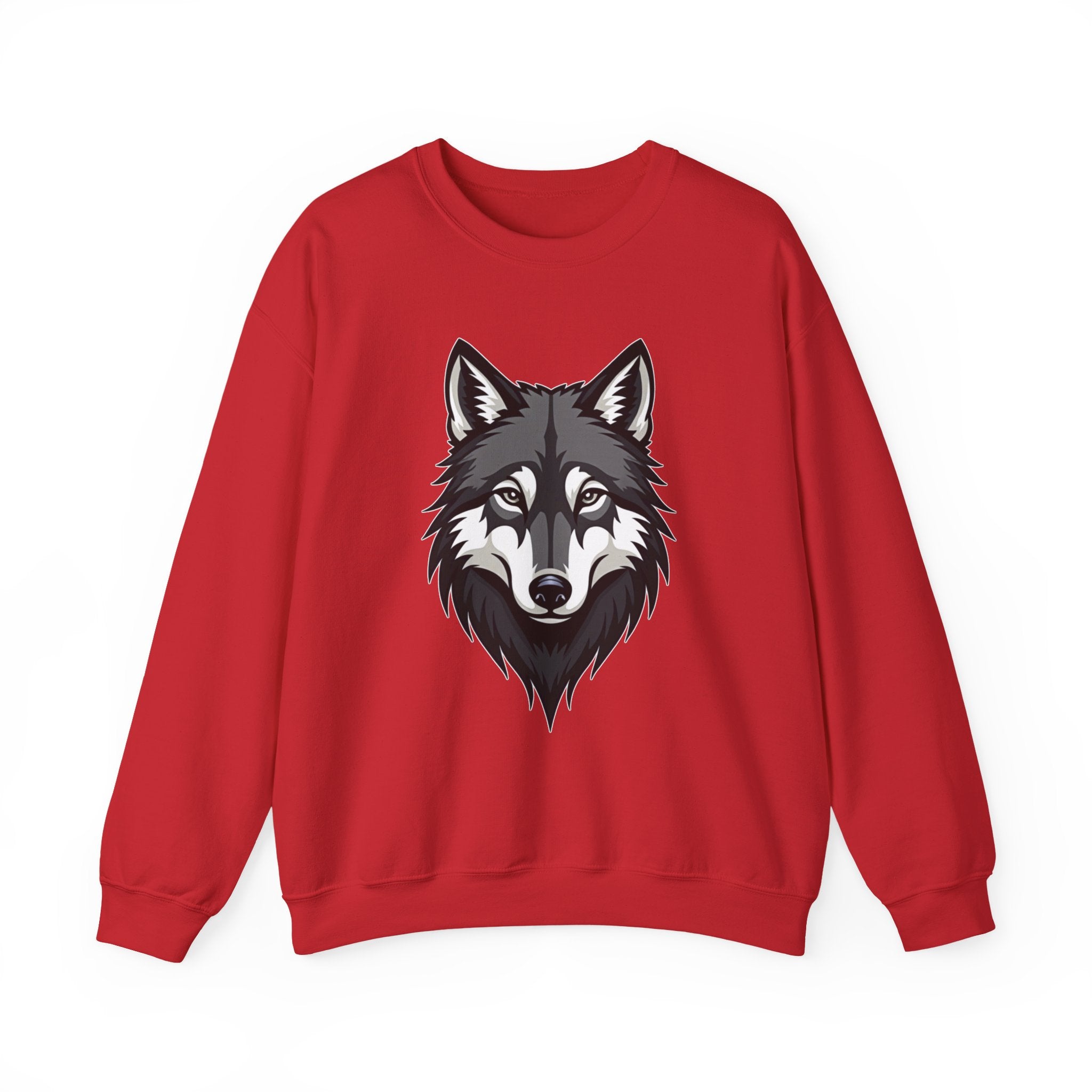 Red sweatshirt with a wolf graphic on a white background