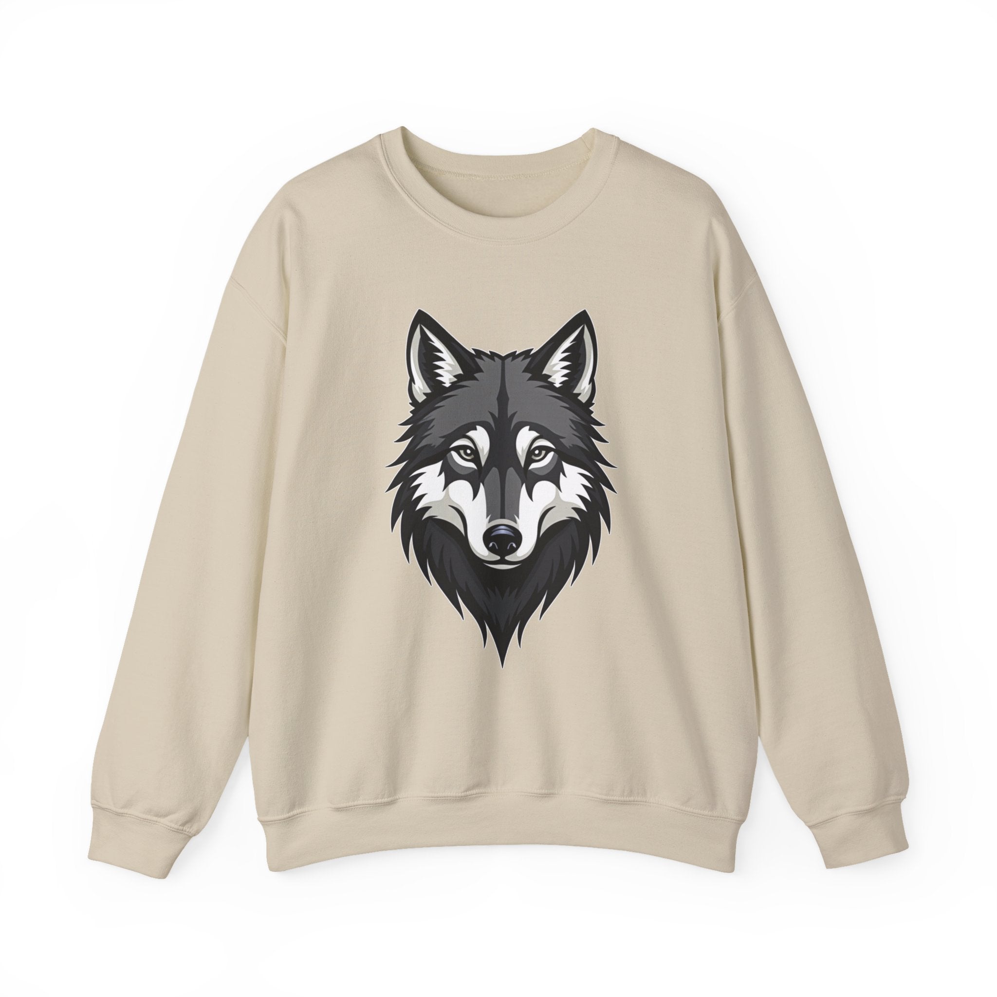 Beige sweatshirt with a wolf graphic on a white background