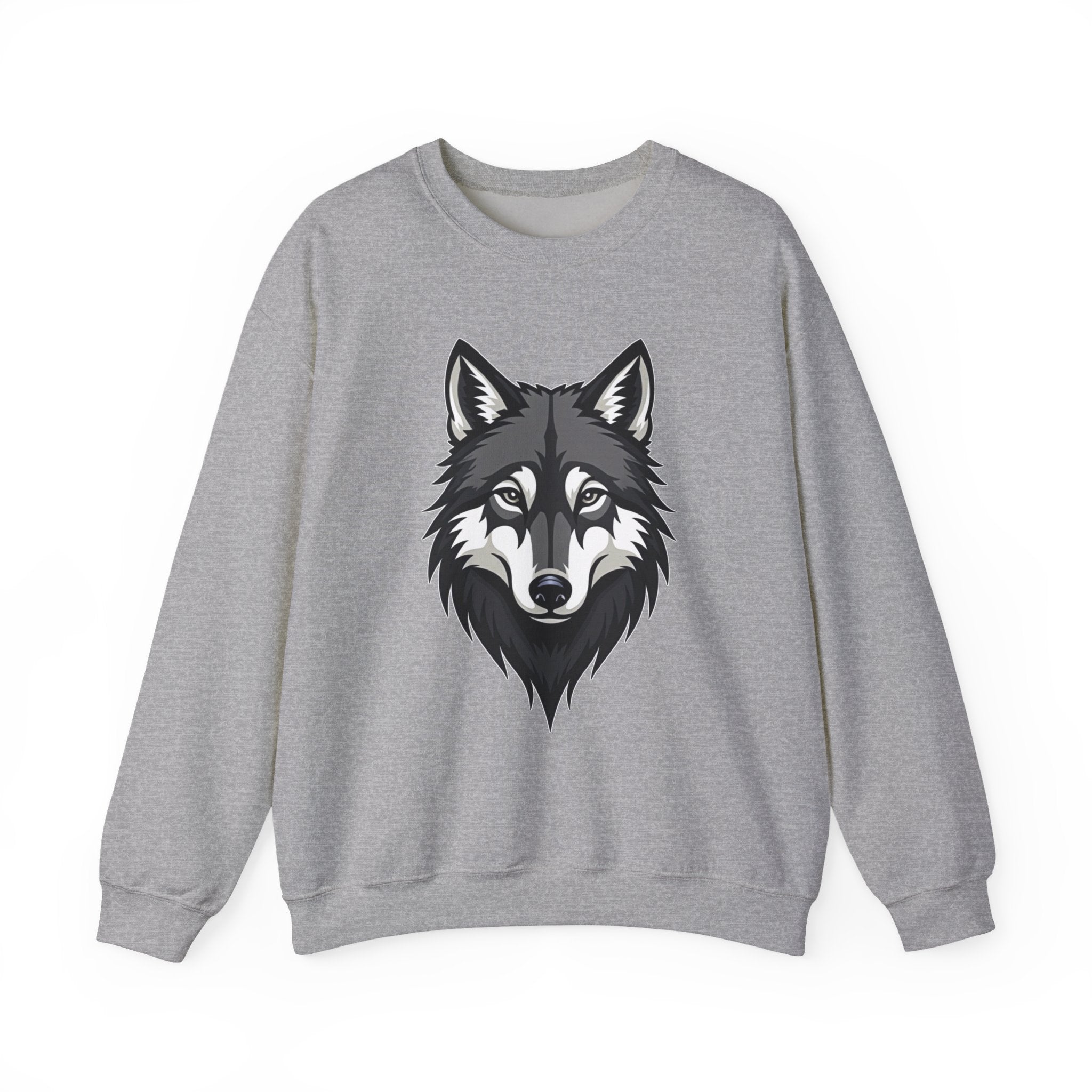 Gray sweatshirt with a wolf graphic on a white background