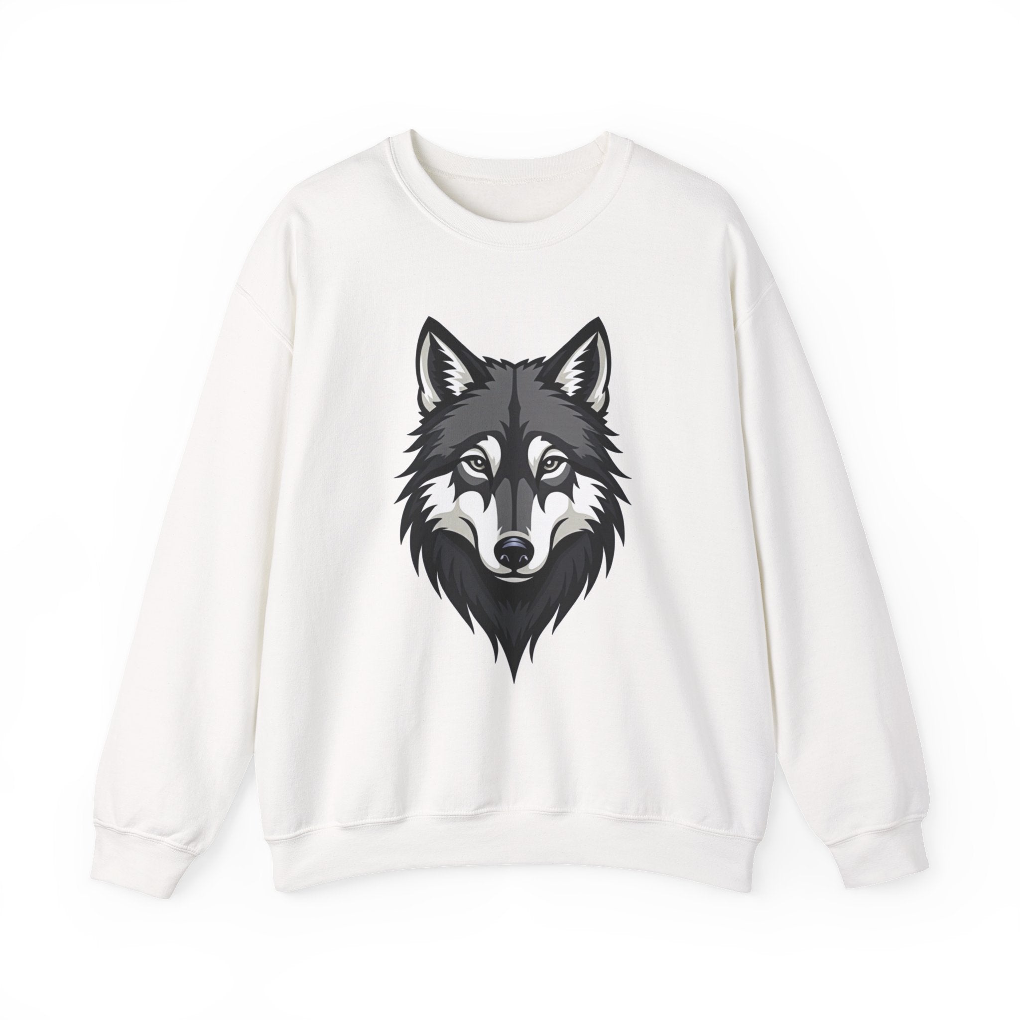 White sweatshirt with a black wolf graphic on a white background
