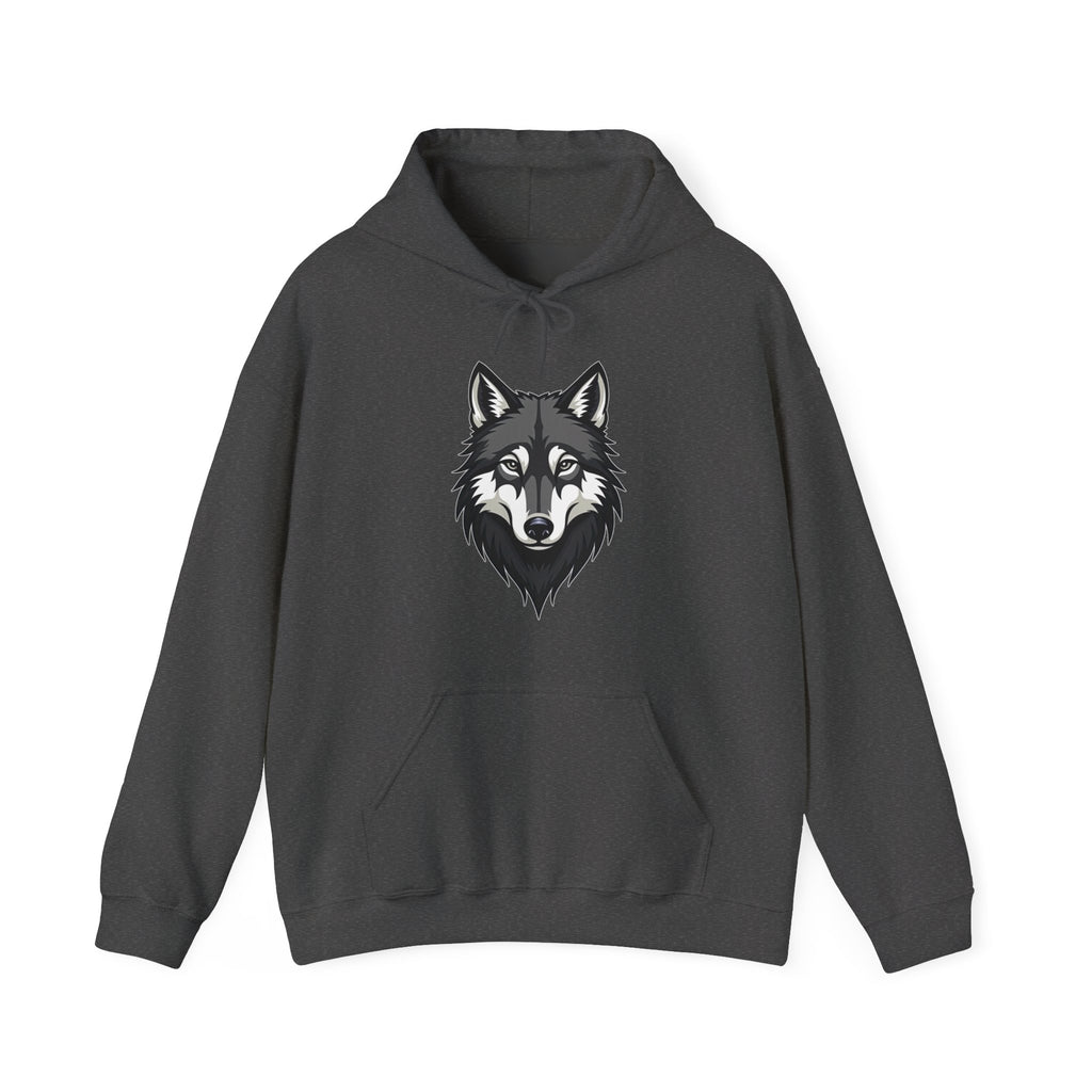 Dark gray hoodie with a wolf graphic on a white background