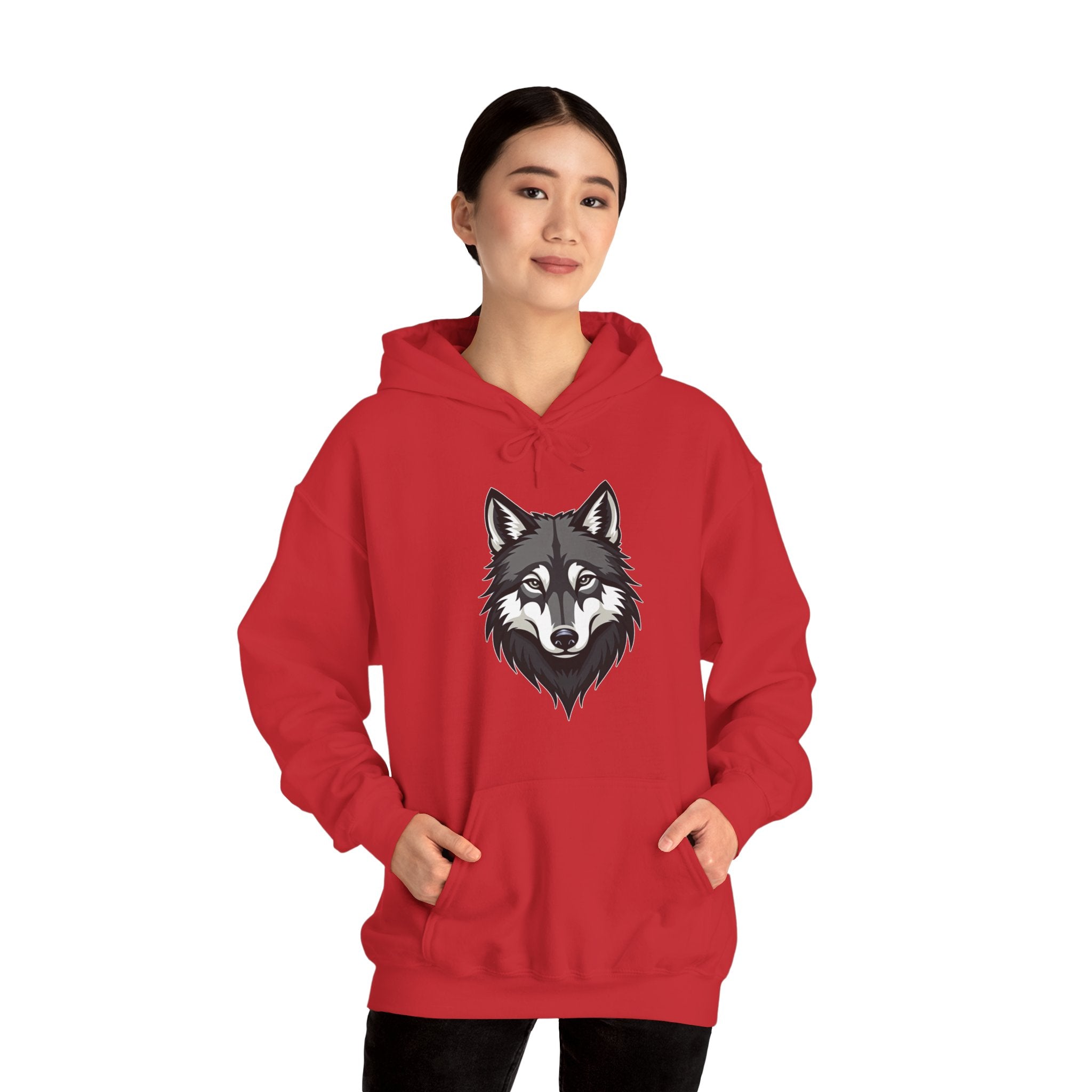 Person wearing a red hoodie with a wolf graphic on a white background