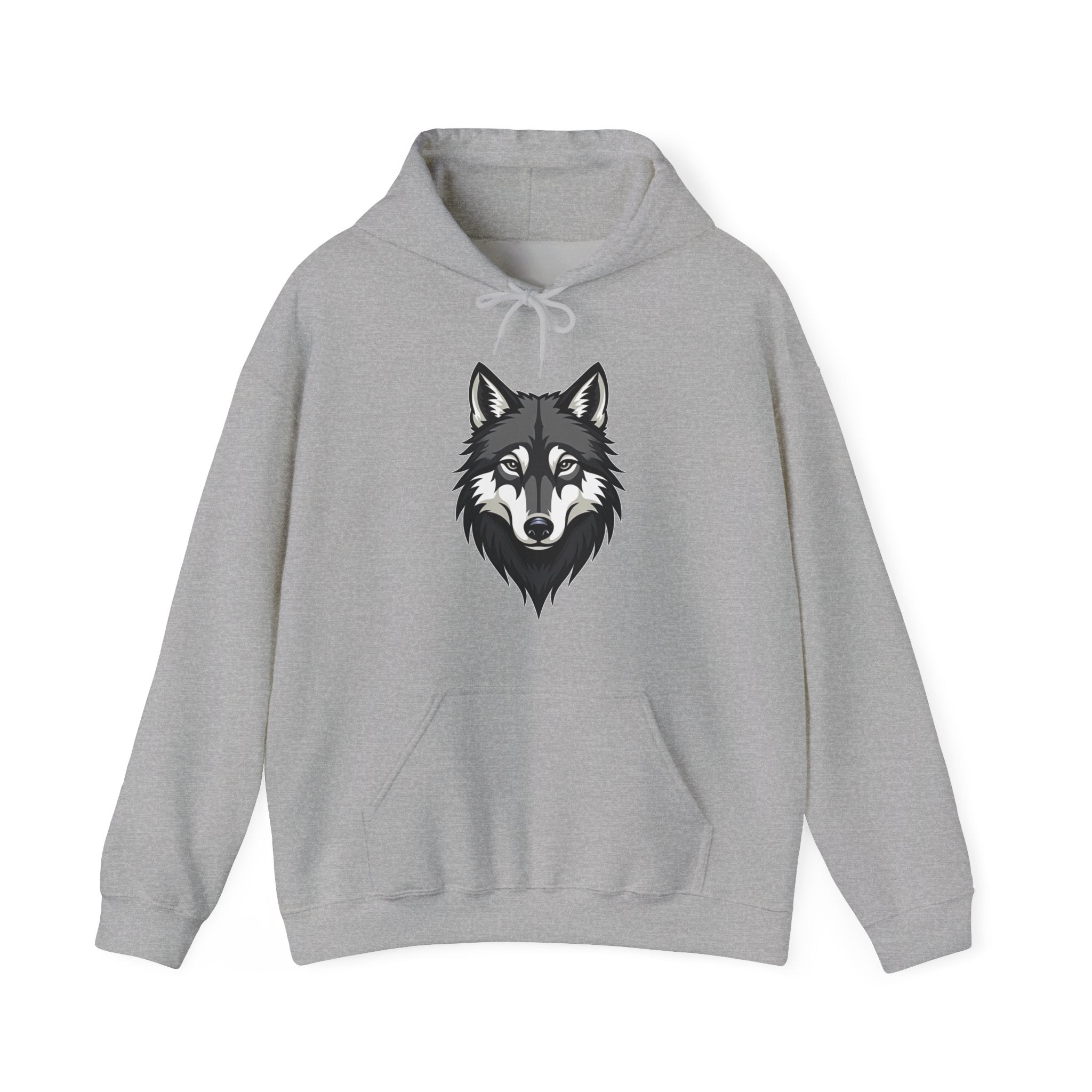 Gray hoodie with a wolf graphic on a white background