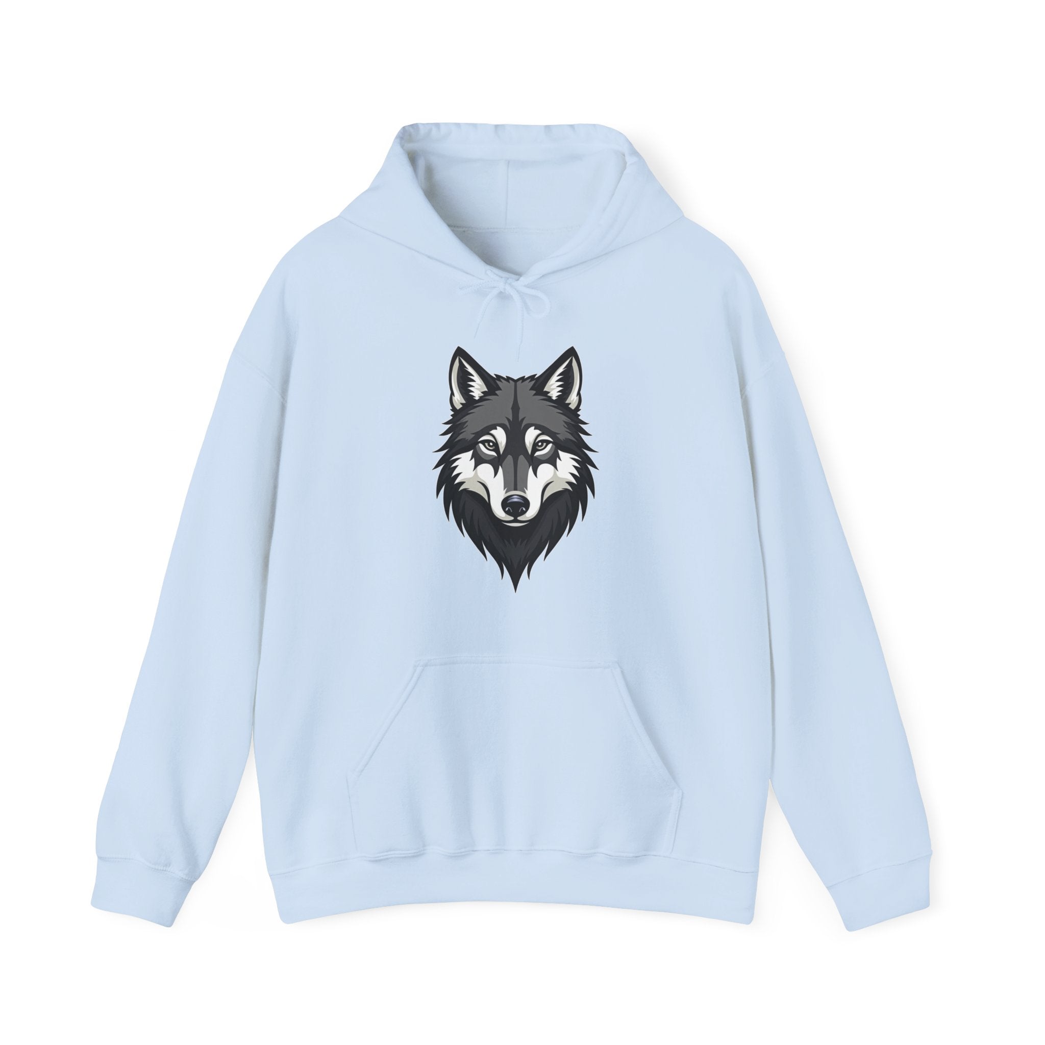 Light blue hoodie with a wolf graphic on a white background