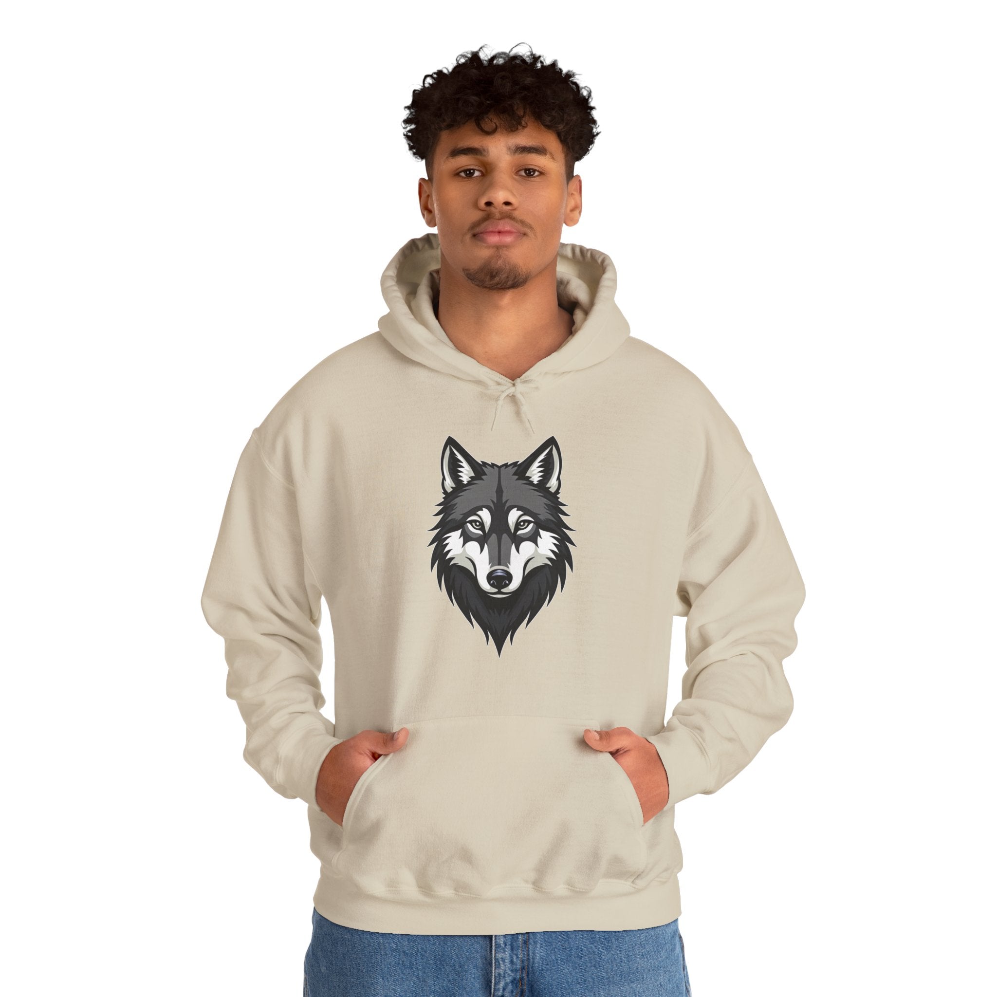 Person wearing a beige hoodie with a wolf graphic on a white background