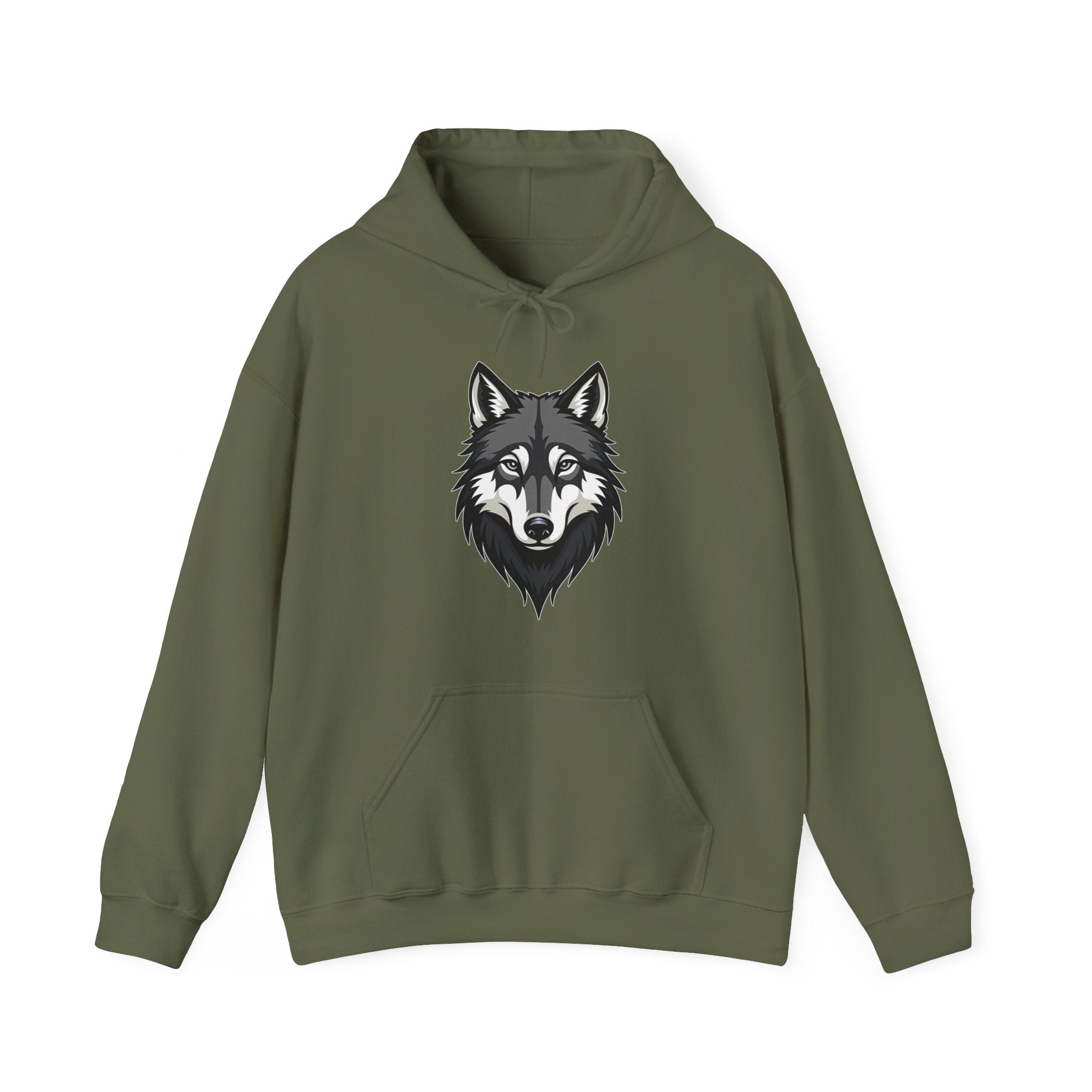 Military green hoodie with a wolf graphic on a white background