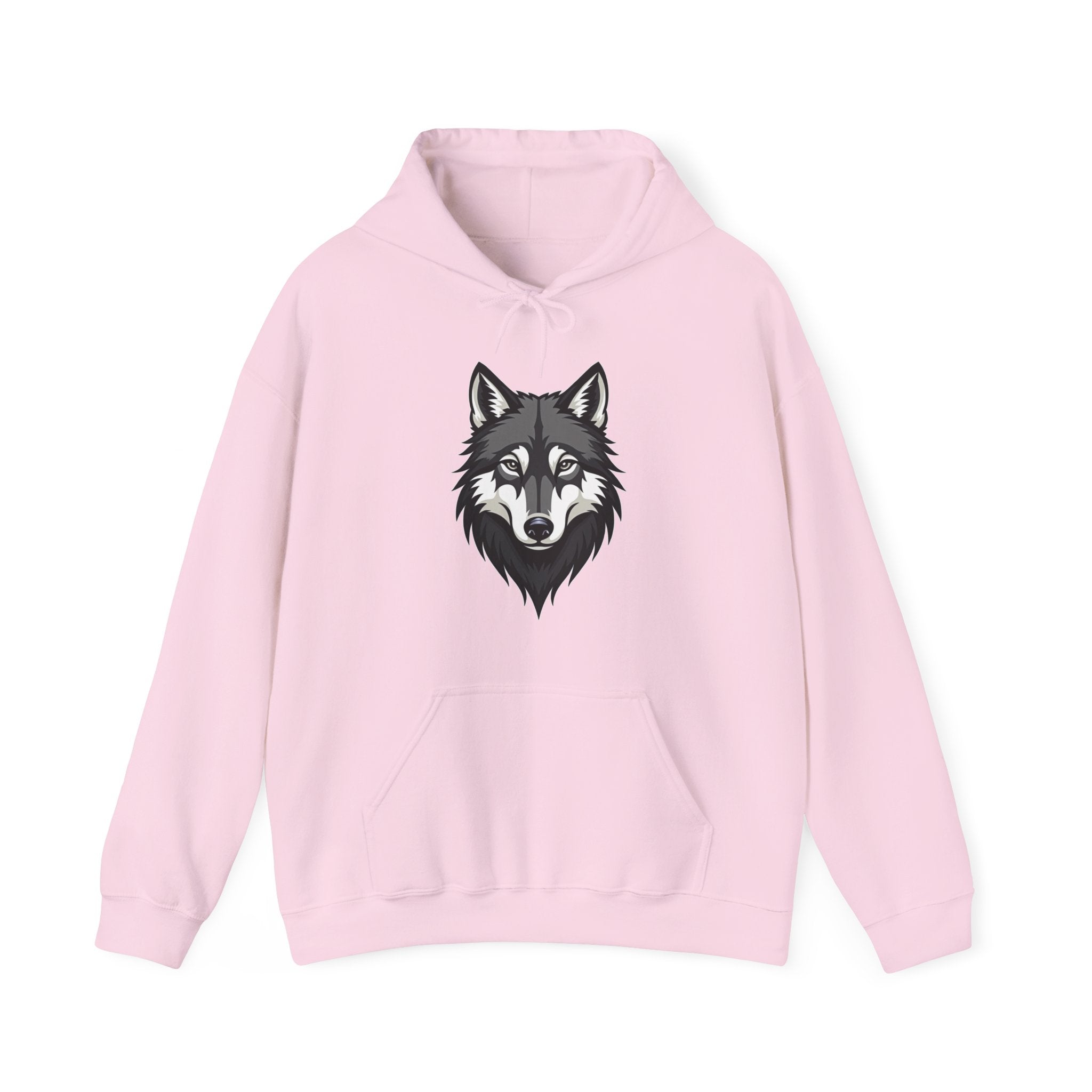 Pink hoodie with a wolf graphic on a white background