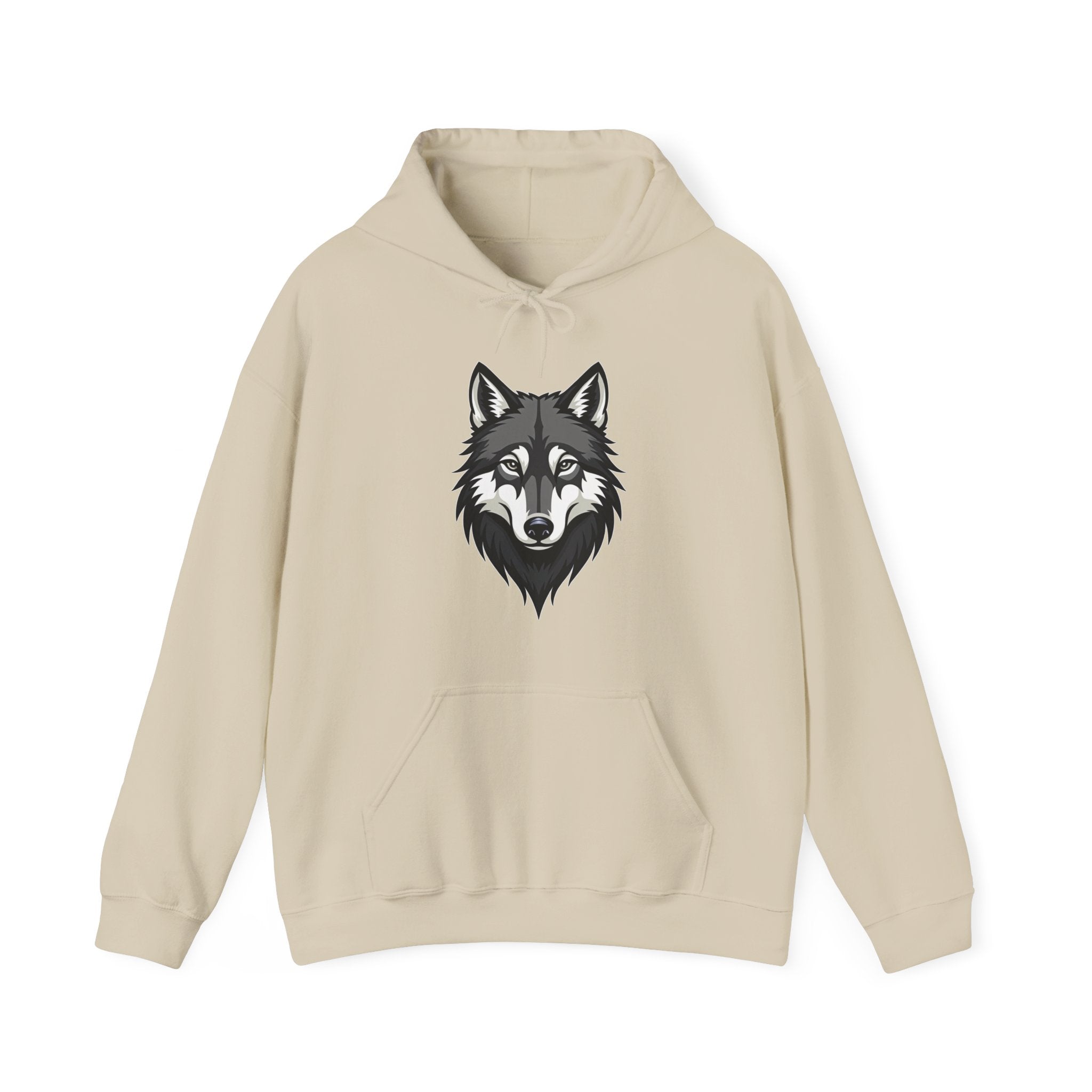 Beige hoodie with a wolf graphic on a white background