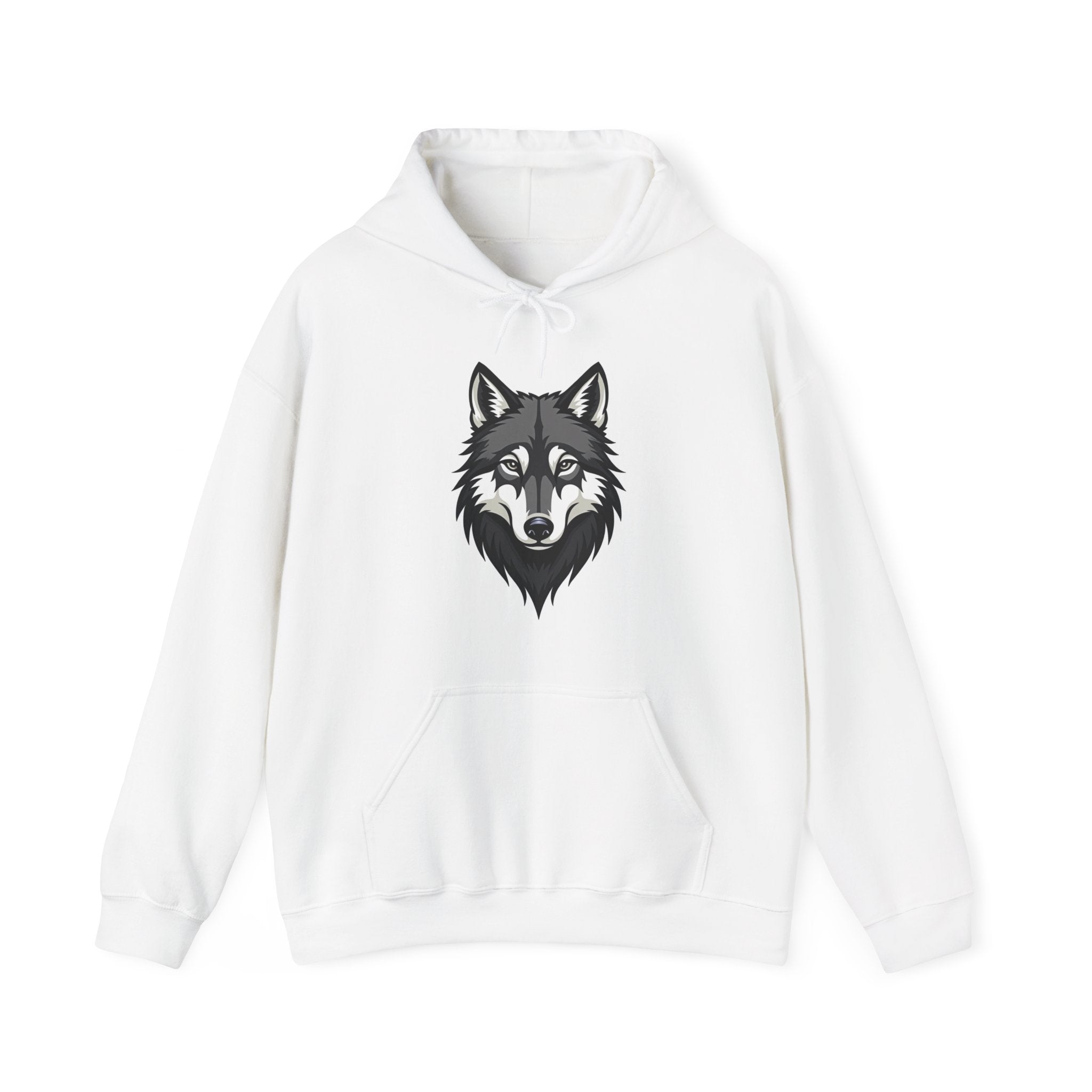 White hoodie with a wolf graphic on a white background