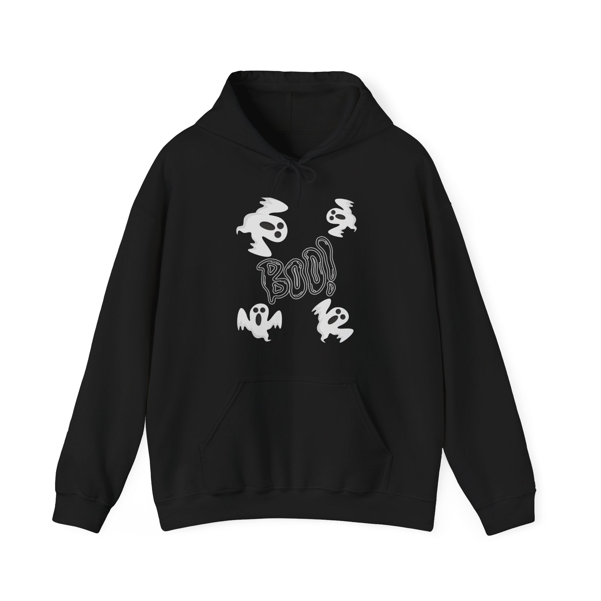 Black hoodie with white graphic design on a white background