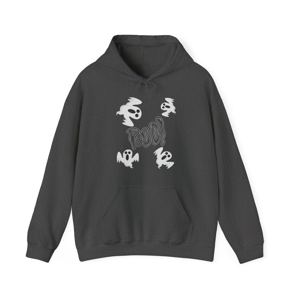 Dark gray hoodie with white ghost and 'BOO!' design on a white background
